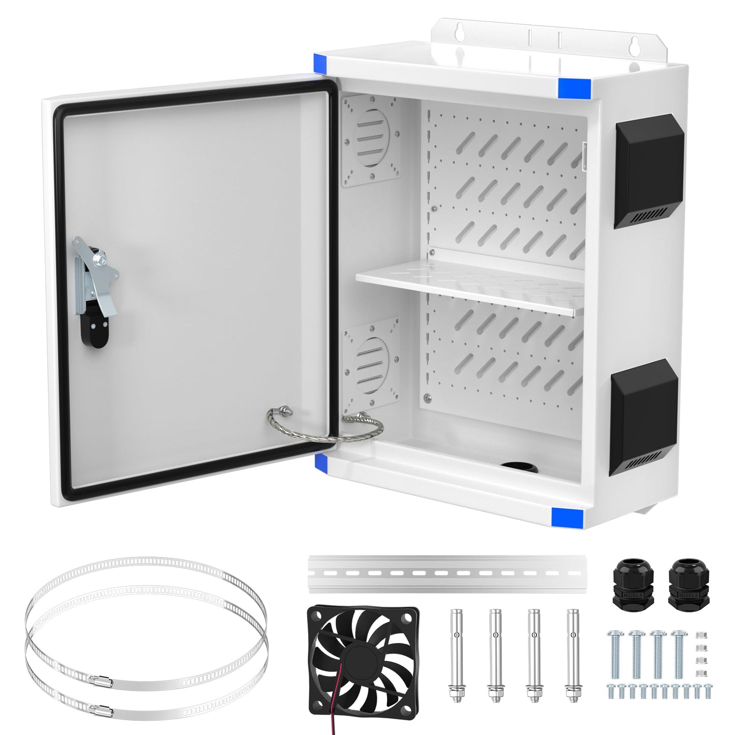 Joinfworld Outdoor Electrical Box 19.7"x15.7"x7.9" Metal Waterproof Vented Nema Enclosure with 12V Fan, Stainless Steel Junction Box with Cold Rolled Steel Plate Hinge Connection Din Rail