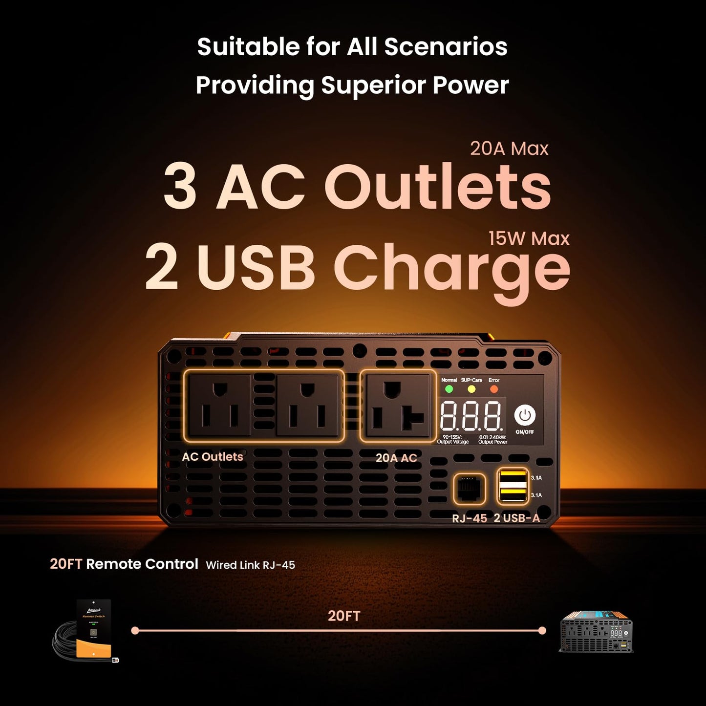 Ampeak Pure Sine Wave Inverter [2000 Watt] - 6000W Surge, 12v DC to 110V AC Converter Power Inverter for RV, Truck, Home, Solar, Outdoor with Dual AC & 20A Outlets, Hardwire Port, 5V 3.1A USB & Remote