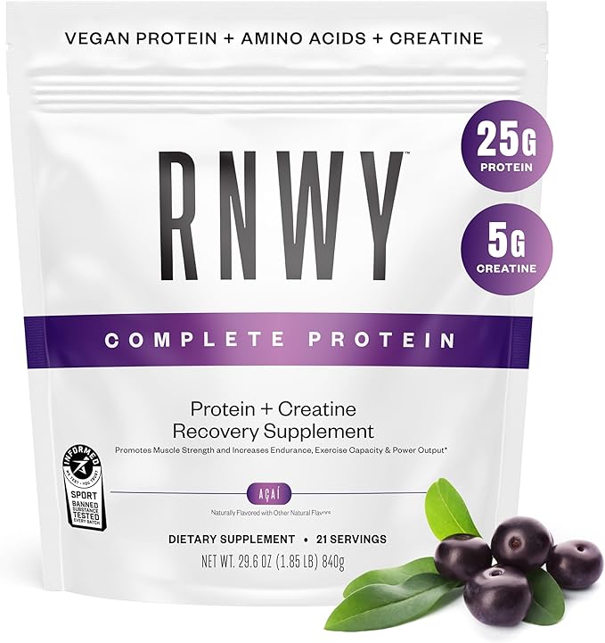 RNWY 25g Acai Protein + 5g Creatine Powder, Vegan Plant-Based Protein with Digestive Enzymes to Build & Recover, 21 Servings
