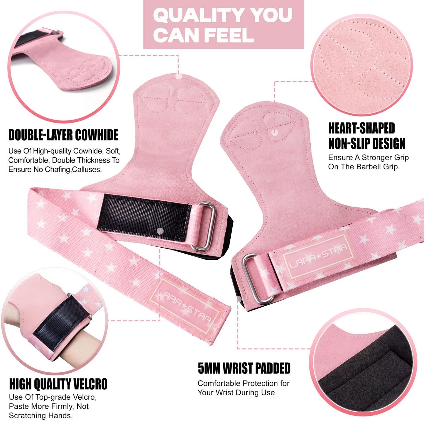 LARA STAR Premium Weight Lifting Wrist Hooks Straps for Maximum Grip Support - Deadlift Gloves and Grip Pads Alternative in Fitness Gym Power Training Like Pull Up Deadlifting & Shrugs (Pink)