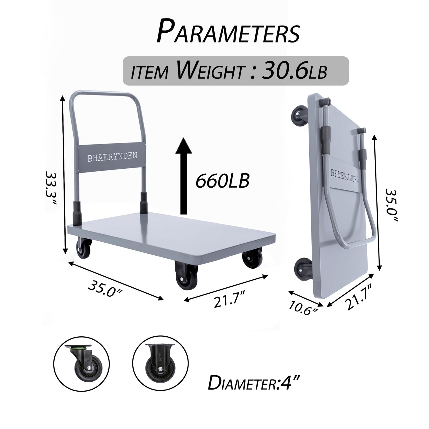 Bhaerynden Folding Platform Hand Truck, 660 lb Push Cart Dolly with Quiet Wheels, 35.0 x 21.7 in, Graphite Grey
