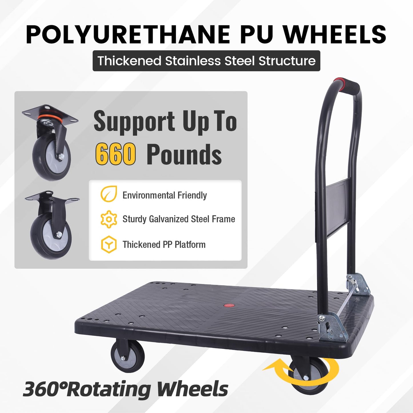 DEGEDUN Foldable Push Cart Dolly 660 lbs,Moving Platform Hand Truck Black,with 360° Swivel Wheels, for Home Garage Workshops, Loading, Storage, Warehouse