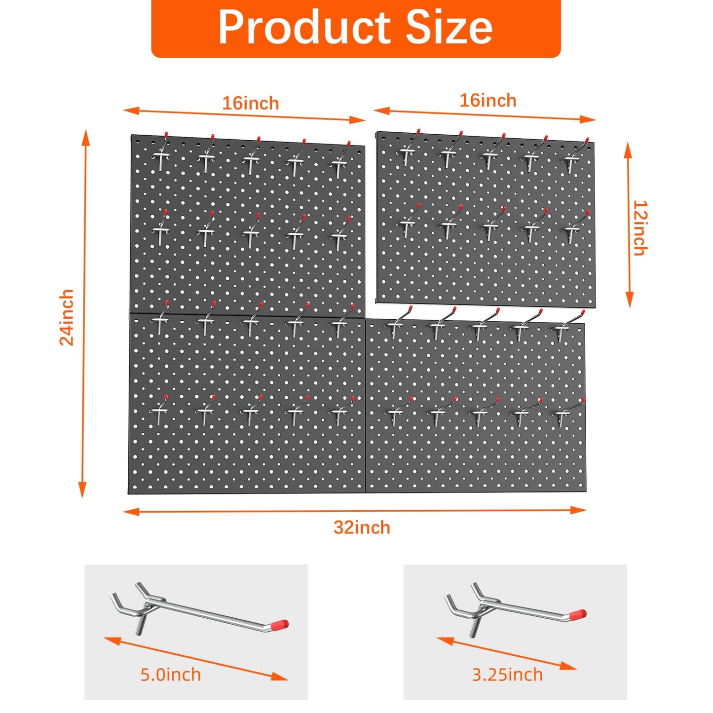 TORACK Metal Pegboard Panels and Hooks for Garage, Workbench, Shop, Shed Tool Organizer Peg Board with 1/8" & 1/4" Holes, Modular Wall-Mounted Pegboard with Pegboard Hooks(Black)