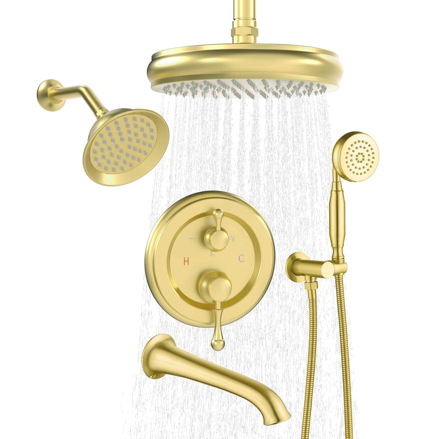 Enga Antique Shower Faucet Sets Dual Heads with Tub Spout 8" Ceiling & 6" Wall Mount Vintage Shower Head Handheld Spray Combo, 4 Way Diverter Brass Rough in with Trim Kit, Brushed Gold