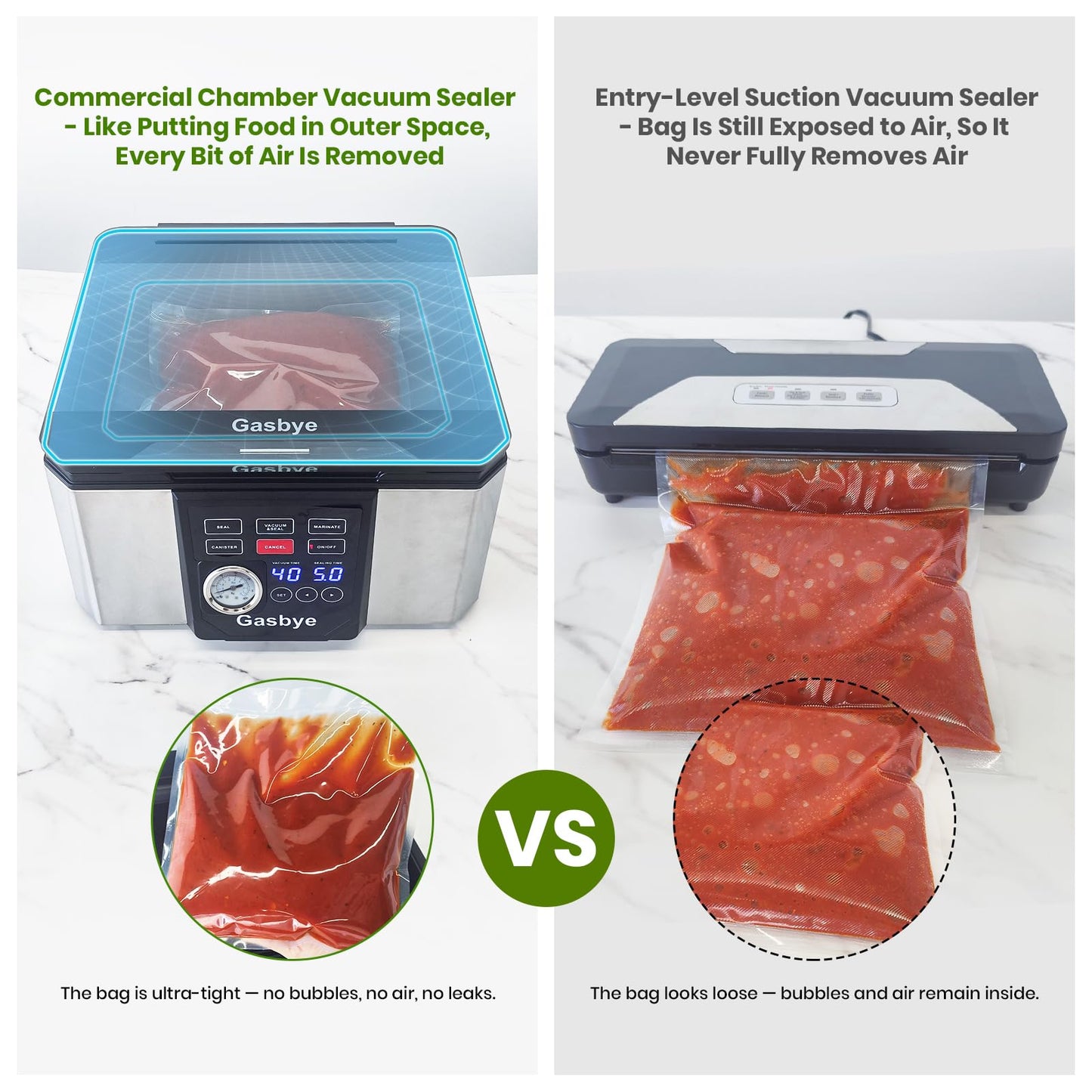 Gasbye Chamber Vacuum Sealer – 5.3QT Large Chamber, Replaceable 11.5" Sealing Bar with Double Seal, Perfect for Meats, Soups, Sauces & Liquids, Includes 30 Pre-Cut Vacuum Bags, Stainless Steel