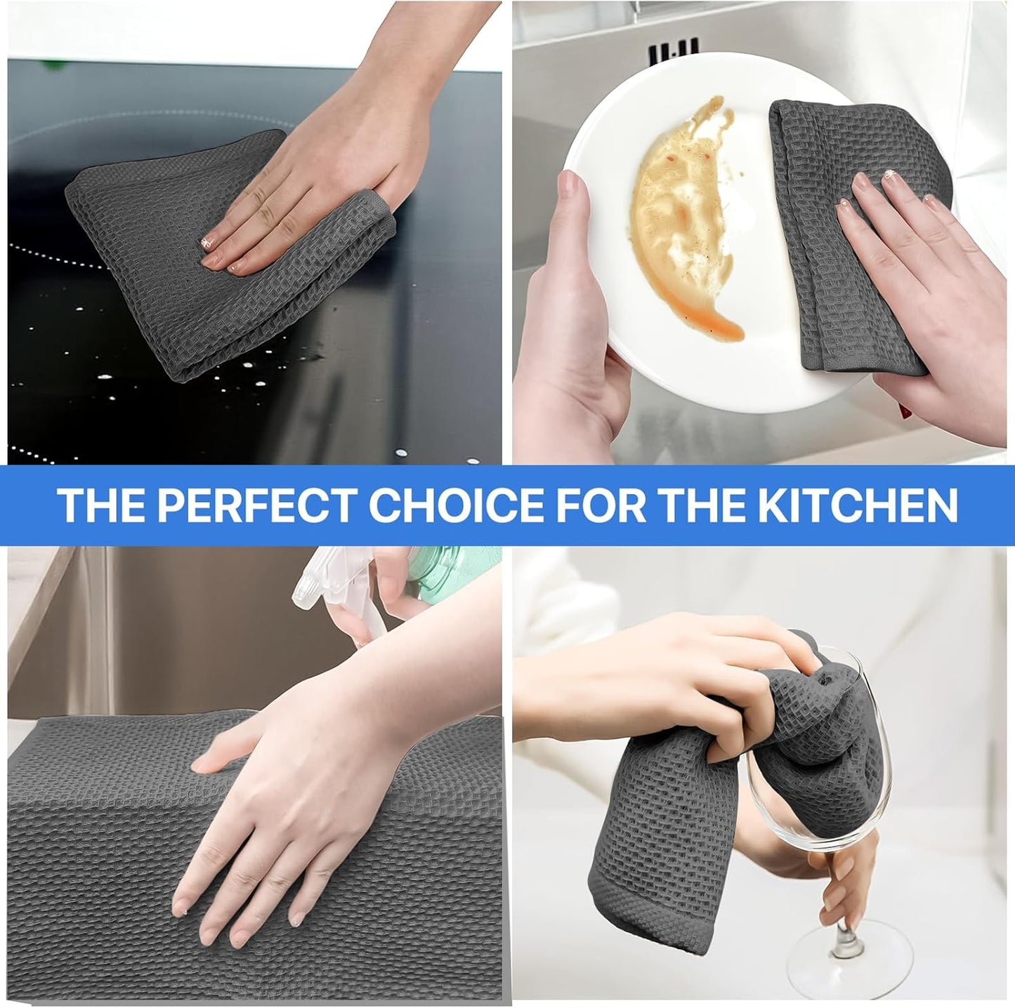Skiennix 100% Cotton Waffle Weave Kitchen Towels - Ultra Soft & Absorbent, 8 Pack, Dark Grey, 12x12 Inches