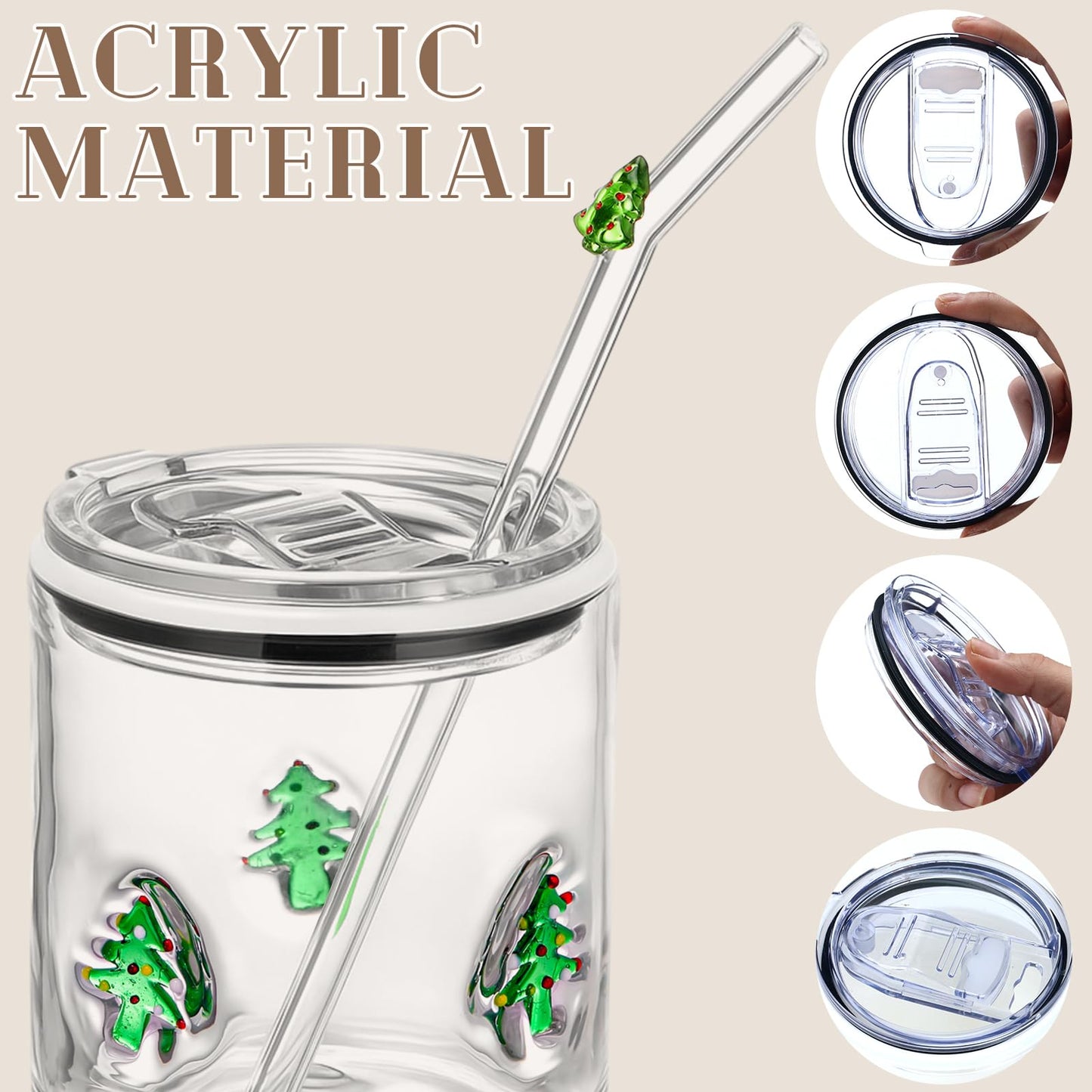 Patelai 2 Pcs Christmas Tree Icon Glasses Cups with Lids and Straws 15oz Reusable Drinking Iced Coffee Glass Cups Cute Xmas Tumbler Gifts for Christmas Adults Women Men Holiday Stocking Stuffer