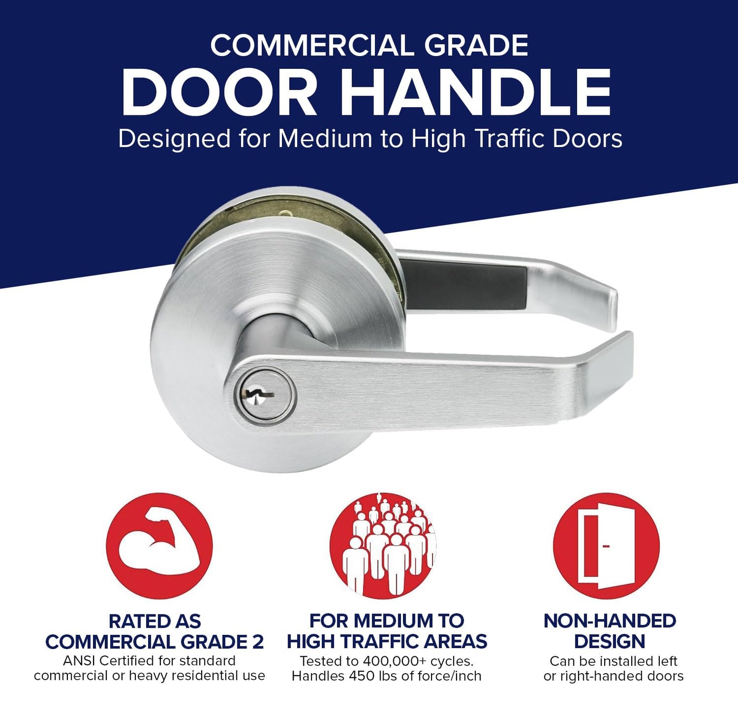 Lawrence Commercial Lever Door Lock - Heavy Duty Locking Commercial Door Handle Keyed Entry, Grade 2 Door Handle with Lock and Key - Brushed Chrome, Entrance/Keylock Function Embassy Series