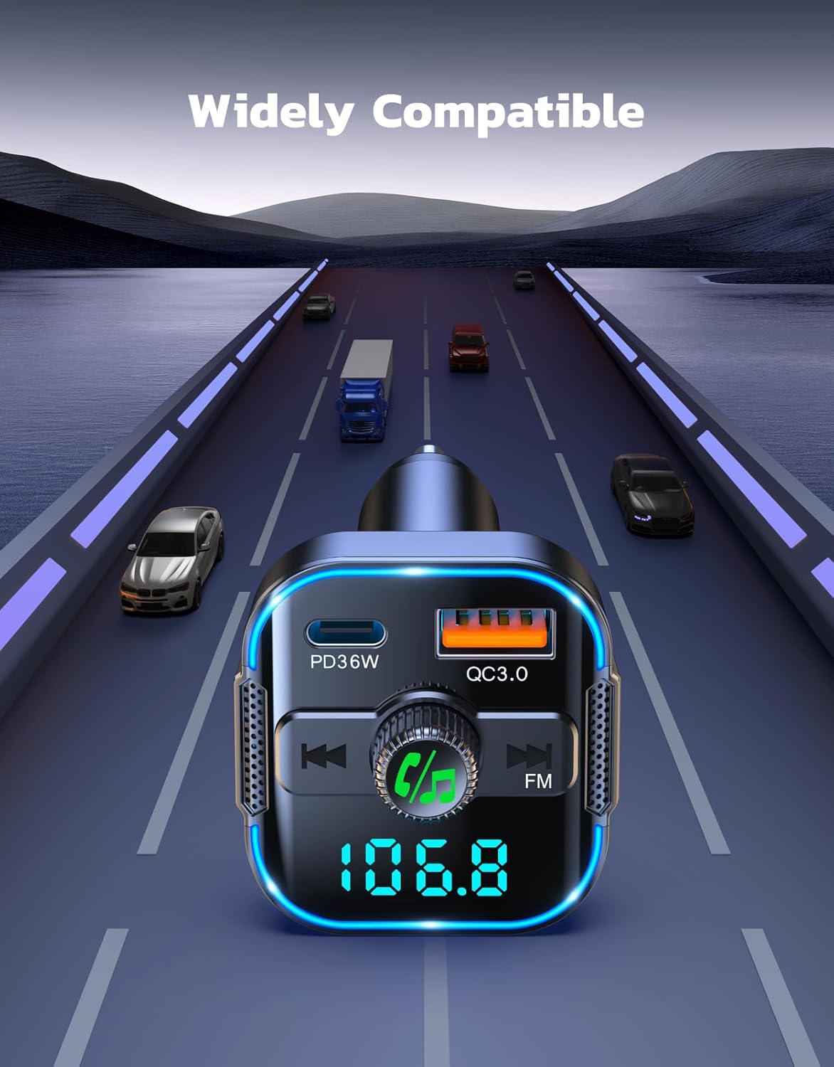 RIWUSI 5.3 36W+QC3.0 18W, 2-in-1 Bluetooth Car AdapterPD FM Bluetooth Transmitter Dual Stronger Mics& Fast Car Charger