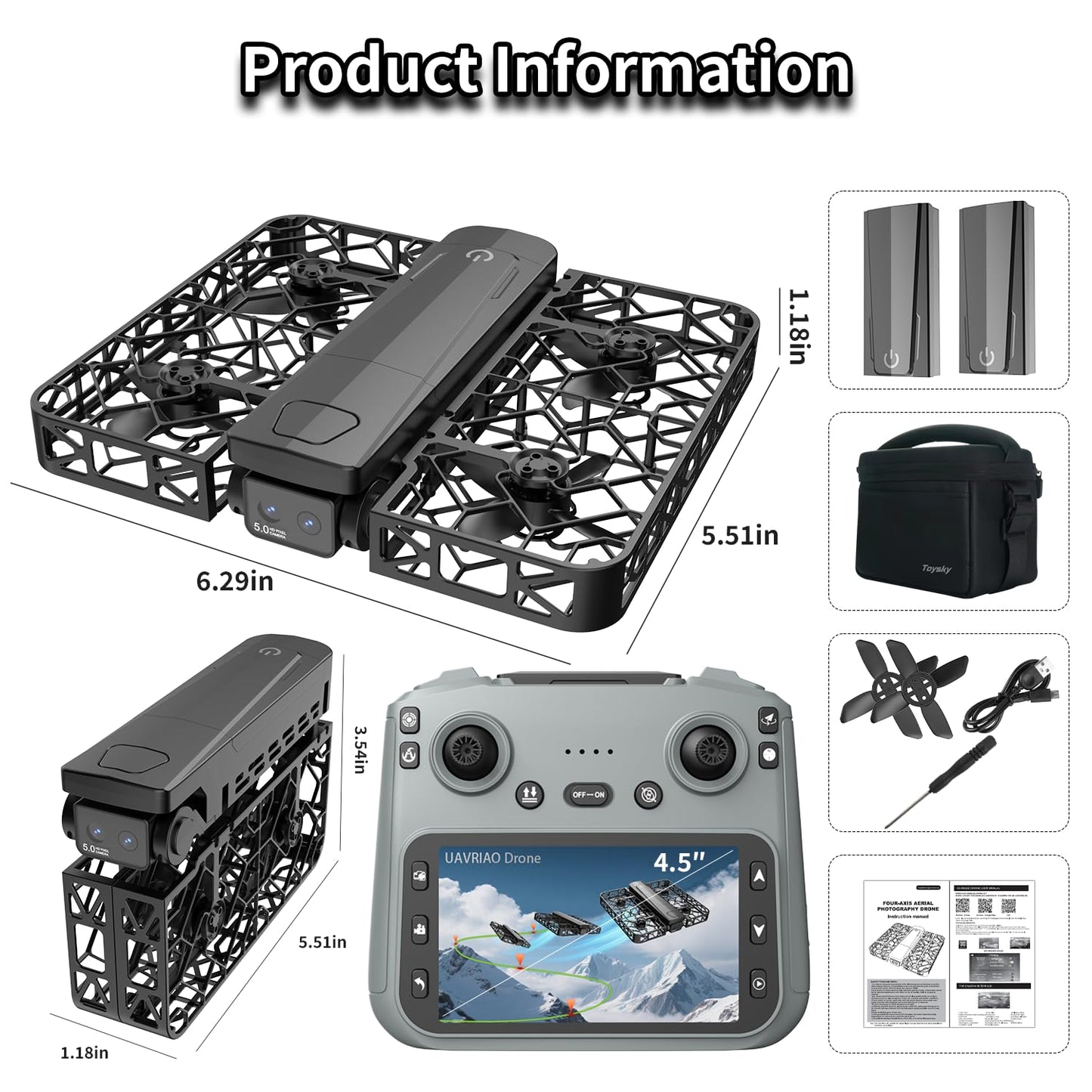 UAVRIAO Foldable Pocket Mini Drone with 2K Camera, Auto Follow, Selfie Drone, Screen Remote Control, One-Key Takeoff/Landing, 360-Degree Mesh Protection, Stunt Mode Suitable for Adult Beginners