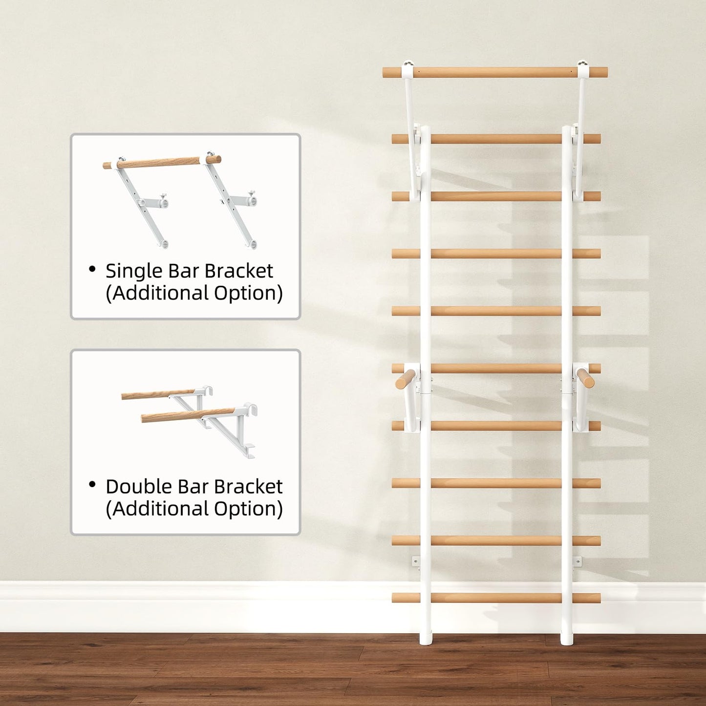 DHT Swedish Ladder Wall Gym, Wood Stall Bar, Suspension Trainer with 9 Strategic Rods, Indoor Jungle Gym for Kids and Adult, Wall Bars for Home, School, Physical Therapy and Gymnastics, White
