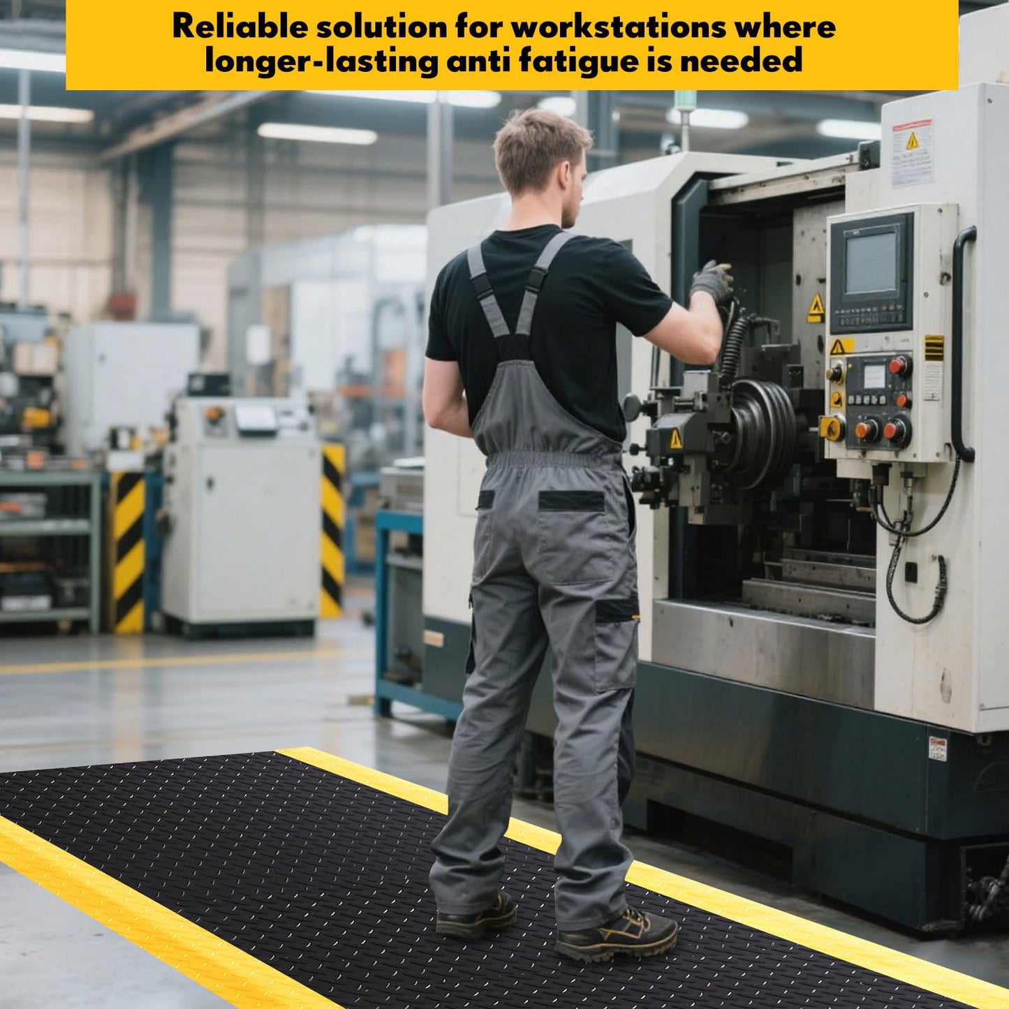 Drydiet 1 Pcs 3'x5' Anti Fatigue Mat Industrial, ESD Conductive Pad with Ground Wire, Heavy Duty Ergonomic Standing Floor Mat for Commercial Work, Shop Stand, Thick 3/4" Black with Yellow Border