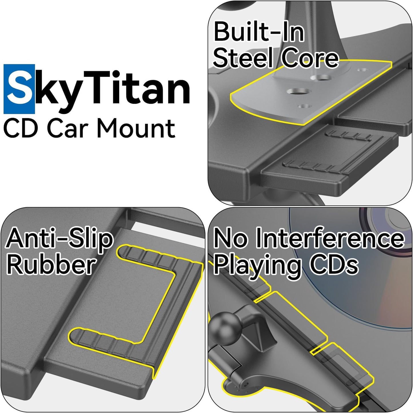 SkyTitan (4-Tab CD Slot Car Mount for Portable CarPlay Screens, Adjustable Angles, Low Profile and Sleek, Integrated