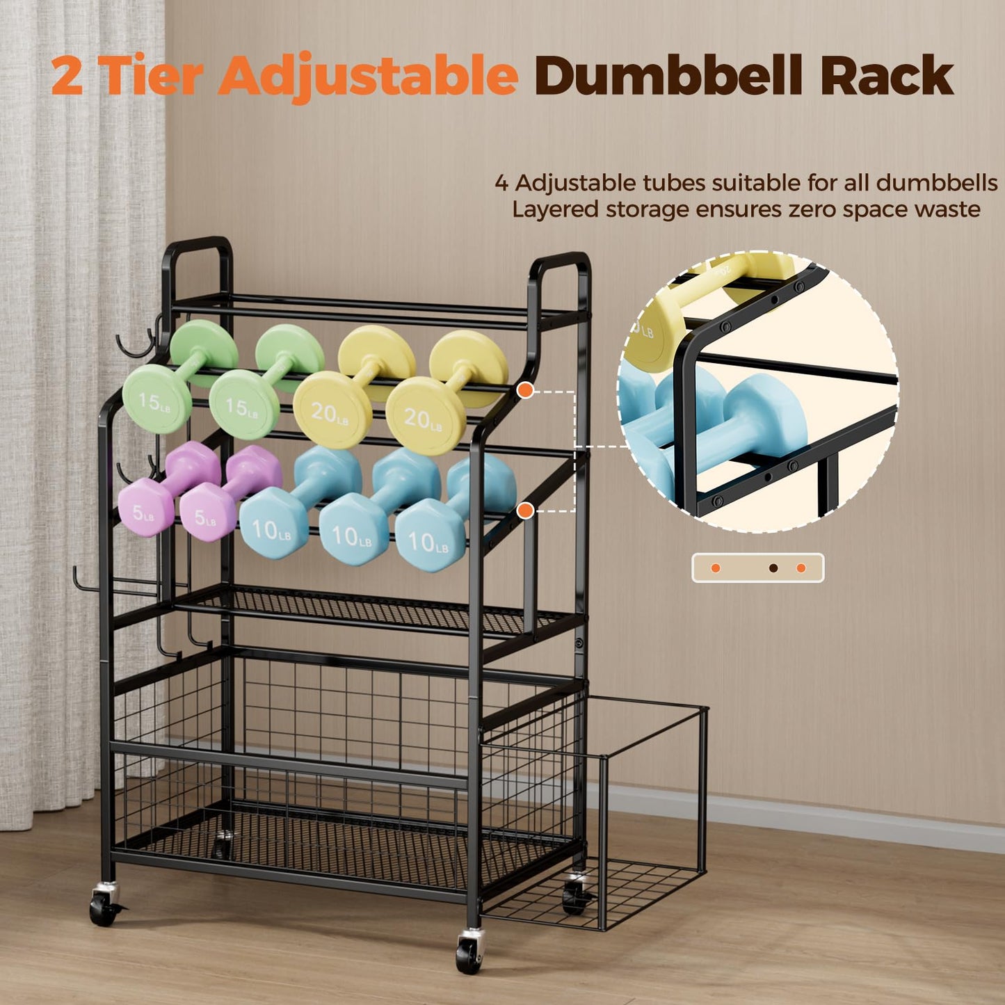 HavenlyYouth Dumbbell Rack Holds Yoga mat, Weight Rack Storage for Home Gym, Workout Equipment Organizer for Kettlebells and Foam Roller With Hooks and Wheels