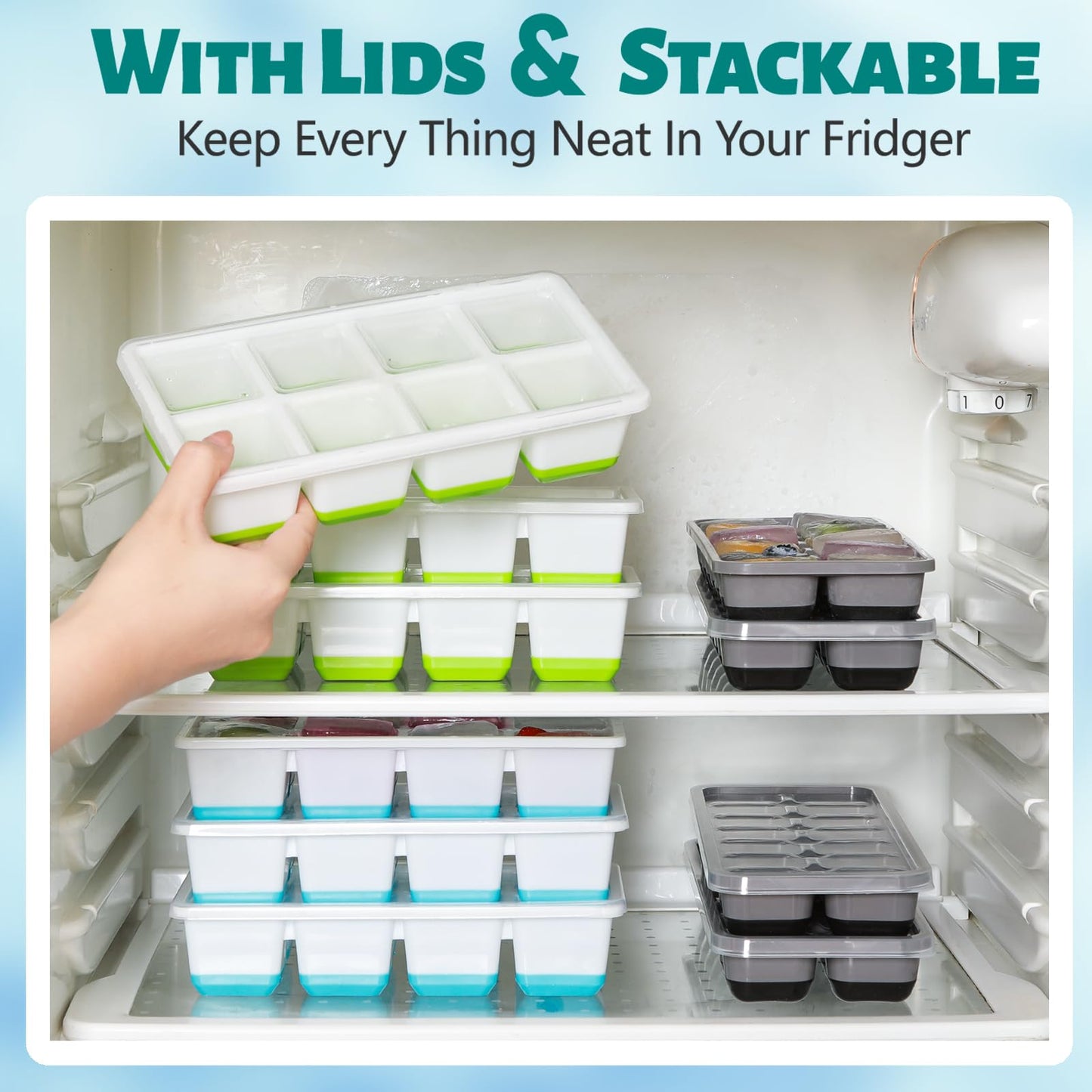 Large Ice Cube Tray with Lid and Bin, Jrisbo Silicone Big Square Ice Cube Molds for Freezer, 3 Pack Stackable Huge Cubed Ice Trays with Ice Tong, Ice Scoop for Whiskey Cocktails Soups Frozen Treats