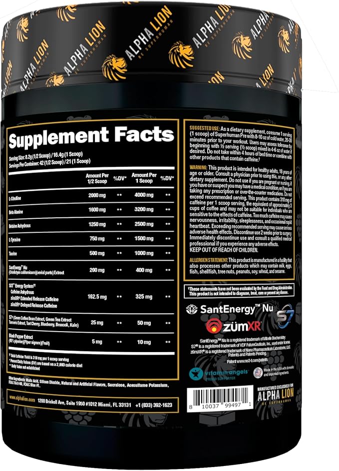 ALPHA LION Superhuman Pre Workout Powder, Beta Alanine, L-Taurine & Tri-Source Caffeine for Sustained Energy & Focus, Nitric Oxide & Citrulline for Pump (21 Servings, Unicorn Juice)