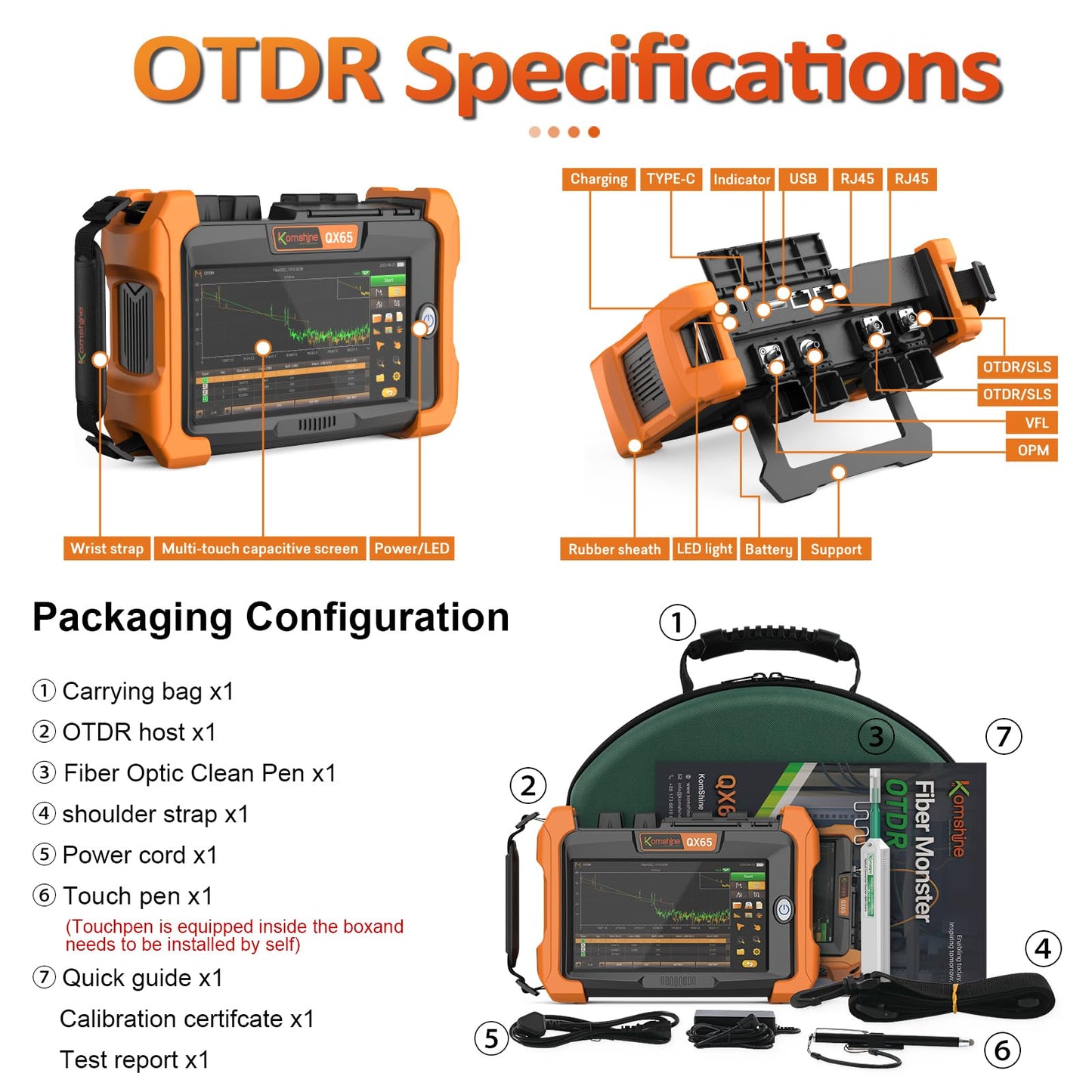 KomShine FX39 Six Motor Fiber Fusion Splicer Core Alignment Splicing Machine, Touch Screen 7" Inch OTDR Tester SM 1310/1550nm 32/30dB Built in OPM, OLS, RJ45, WiFi