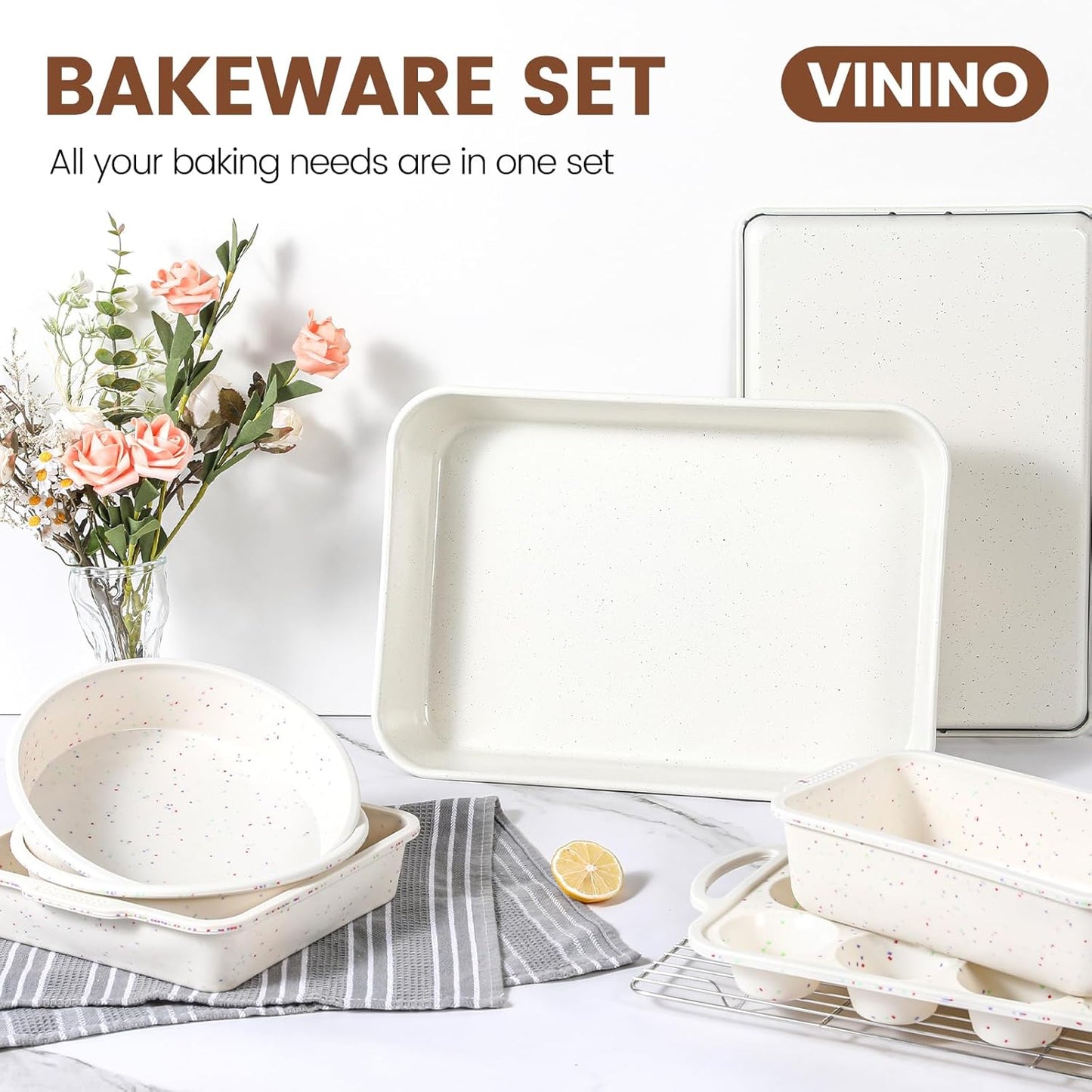 Vinino 8-Piece Nonstick Baking Pans Set - Silicone Muffin, Loaf & Cake Pans with Metal Reinforced Frame & Roasting Pan | Oven Safe, Cream Color