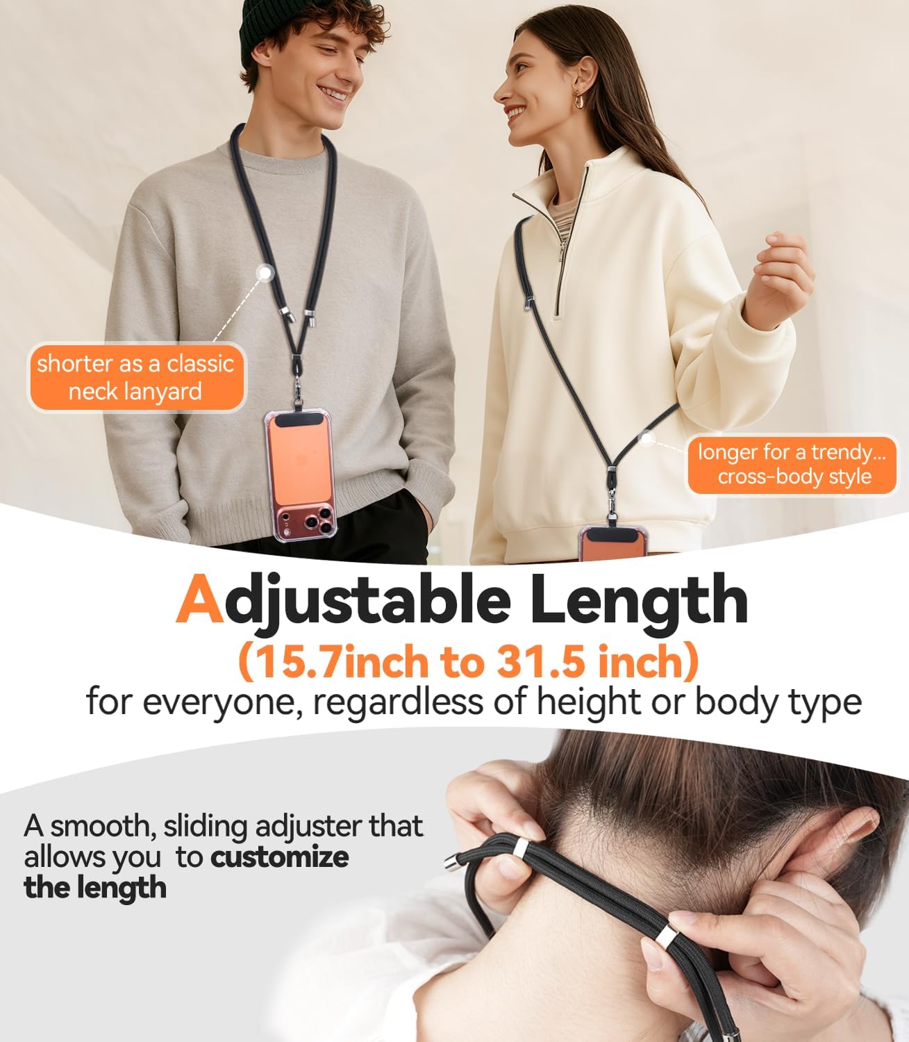 4-IN-1 15-31 inch 2 Phone Lanyard + Wrist Strap, Adjustable Cell Phone Lanyard with Tether Tabs for iPhone,Smartphone