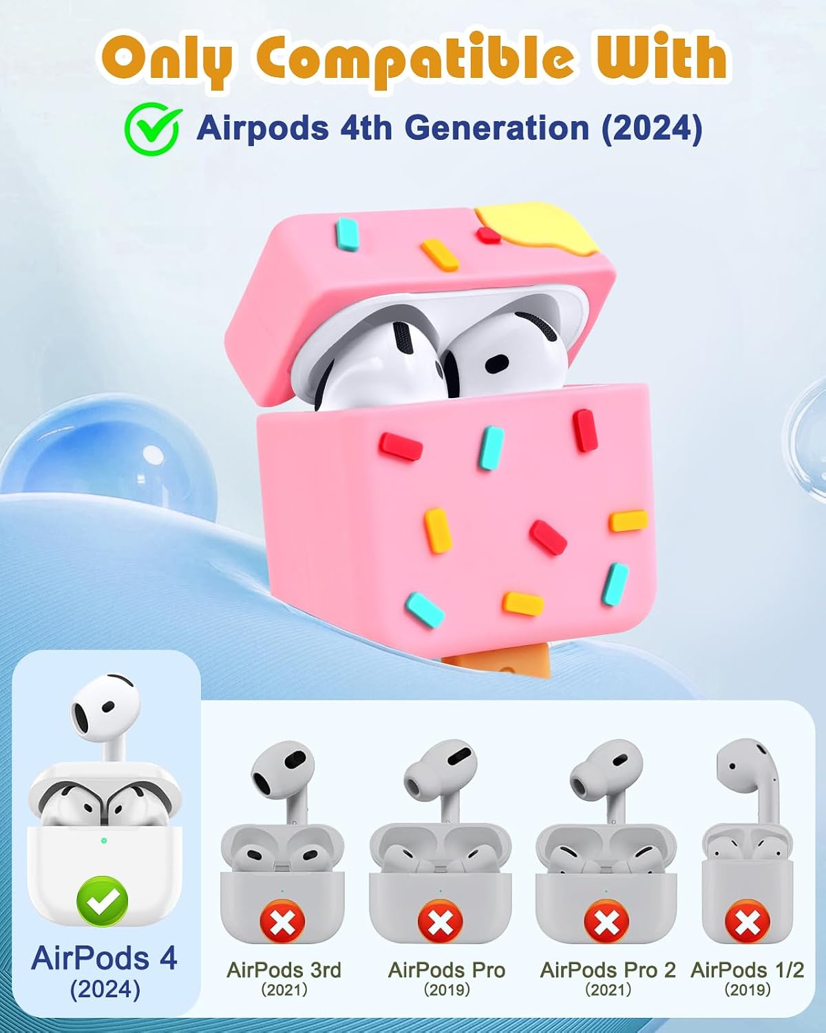 Boaretiu 4th 4th (2024) 3D 4 for Airpods Case - with Keychain and Cleaner Kit for AirPods Generation Case Ice Cream