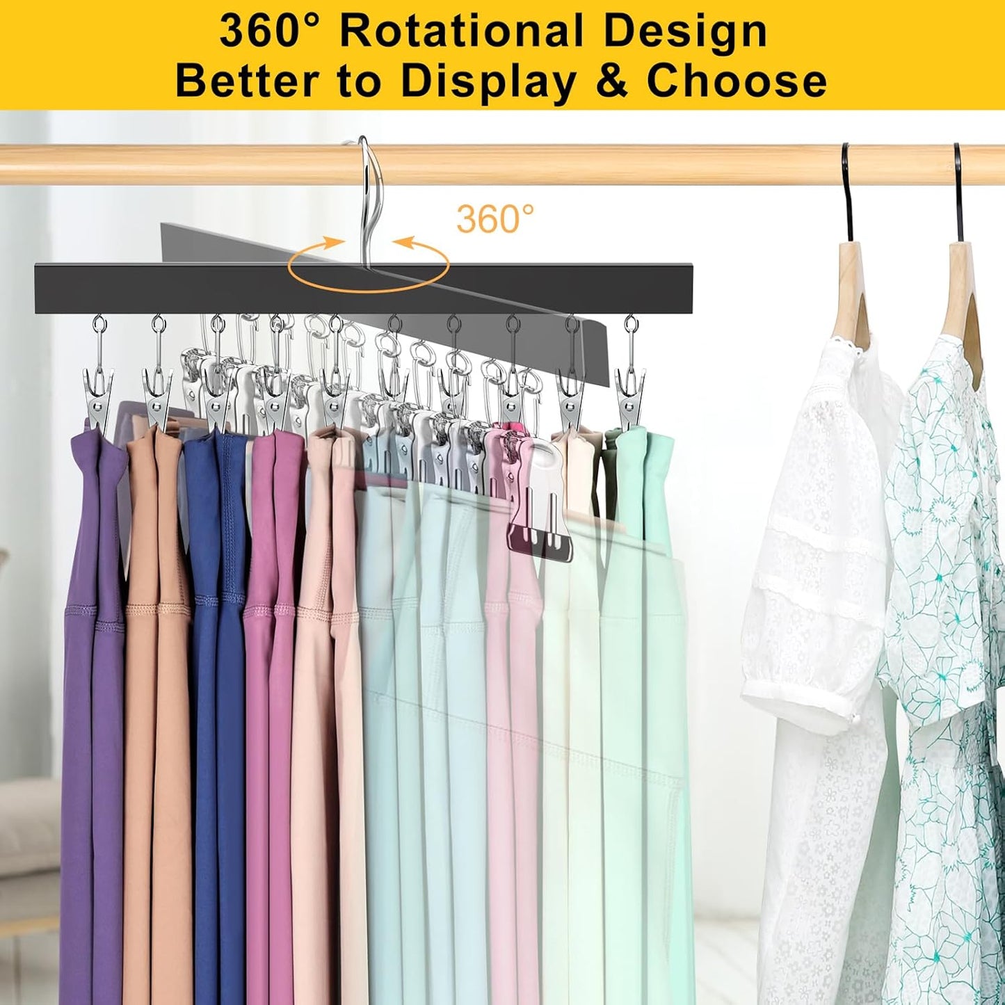 Skiennix Legging Organizer - 360° Rotating Pants Hangers with Clips | Holds 20 Leggings & Jeans (2 Pcs)