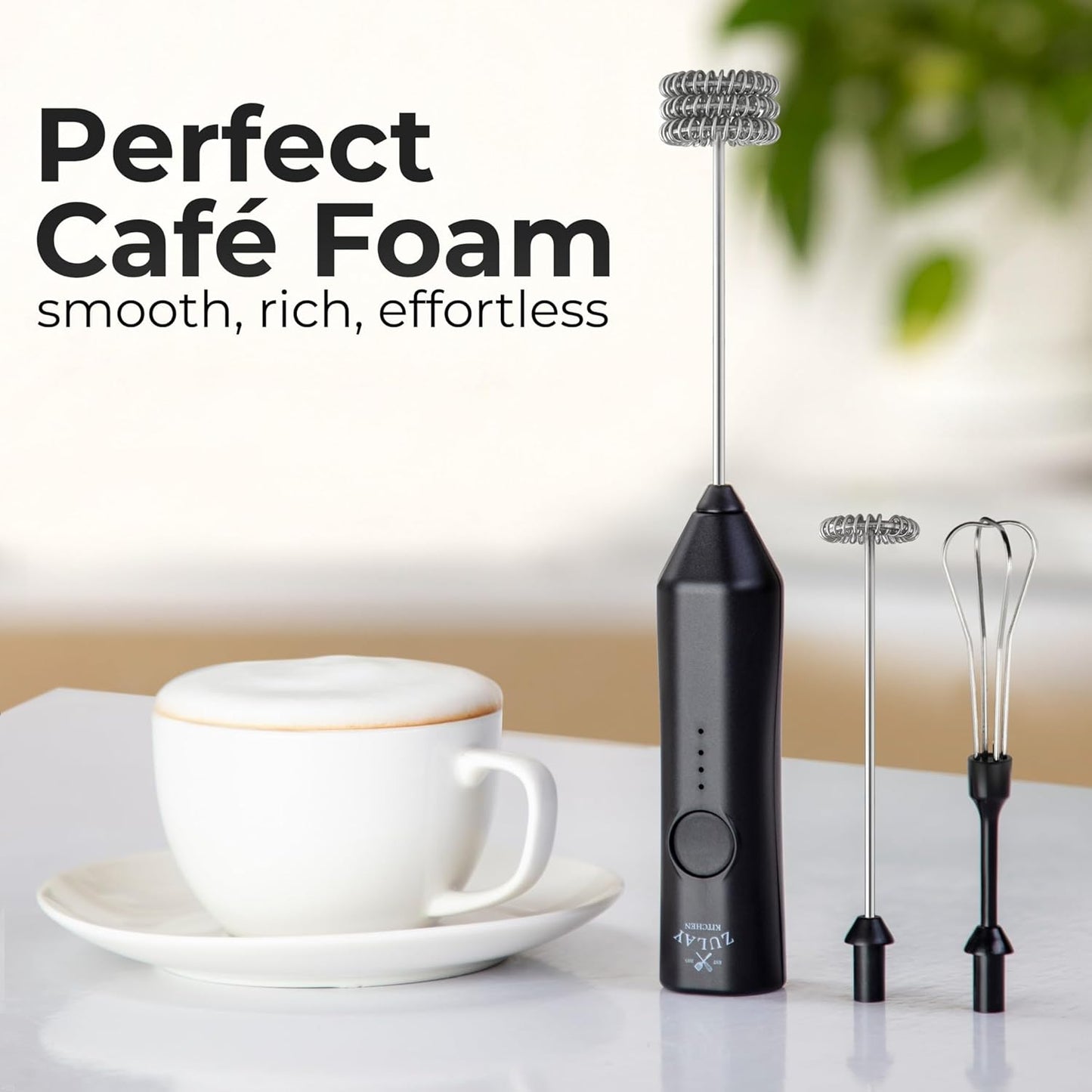 Zulay Kitchen Rechargeable Milk Frother - 3 Speeds & 3 Whisk Attachments - USB Charging for Lattes & Cappuccinos - Black