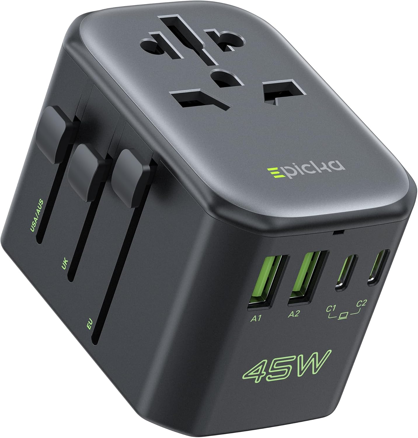 EPICKA 45W 5-Port (1 AC/2 USB-A/2 Pulse International Power Adapter, Universal Travel Adapter with PD Fast Charging