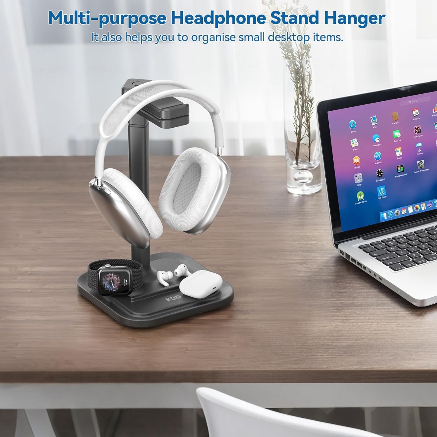 KDD Headset Dual Headphone Stand for Desk - Rotatable Hanger with Phone Holder - Removable Non-Slip Base for Gamers
