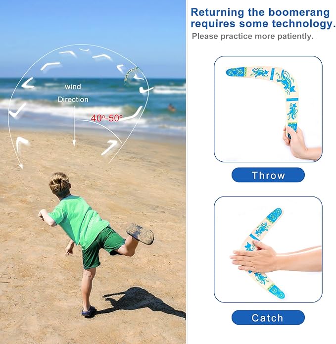 Boomerang for Kids, Australia Style Handmade Wooden Authentic Boomerang, V-Shaped Returning Boomerangs for Ages Above 10 Years Old Kids and Adult- Blue