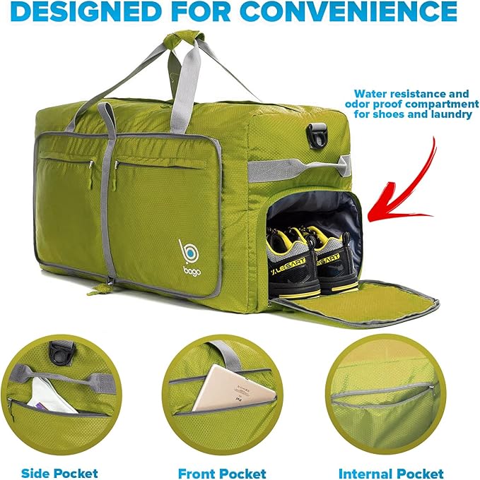 Bago Large Foldable Duffel Bags for Traveling Women & Men - 100L Packable Duffle Bag for Travel with Shoe Compartment - Water Repellant, Heavy Duty, Lightweight Folding & Collapsible (Green)