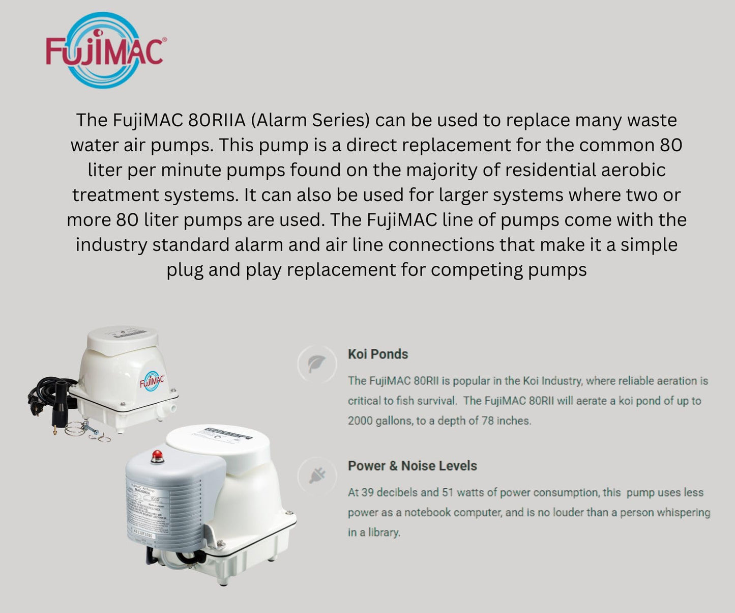 FUJIMAC 80RIIA Alarm Series Pond or Septic Air Pump | Mid-to-High Capacity Linear Diaphragm Pump for Aerobic Treatment Systems. | Quiet, Oil-Free Operation with Thermal Protection and Easy Maintenance