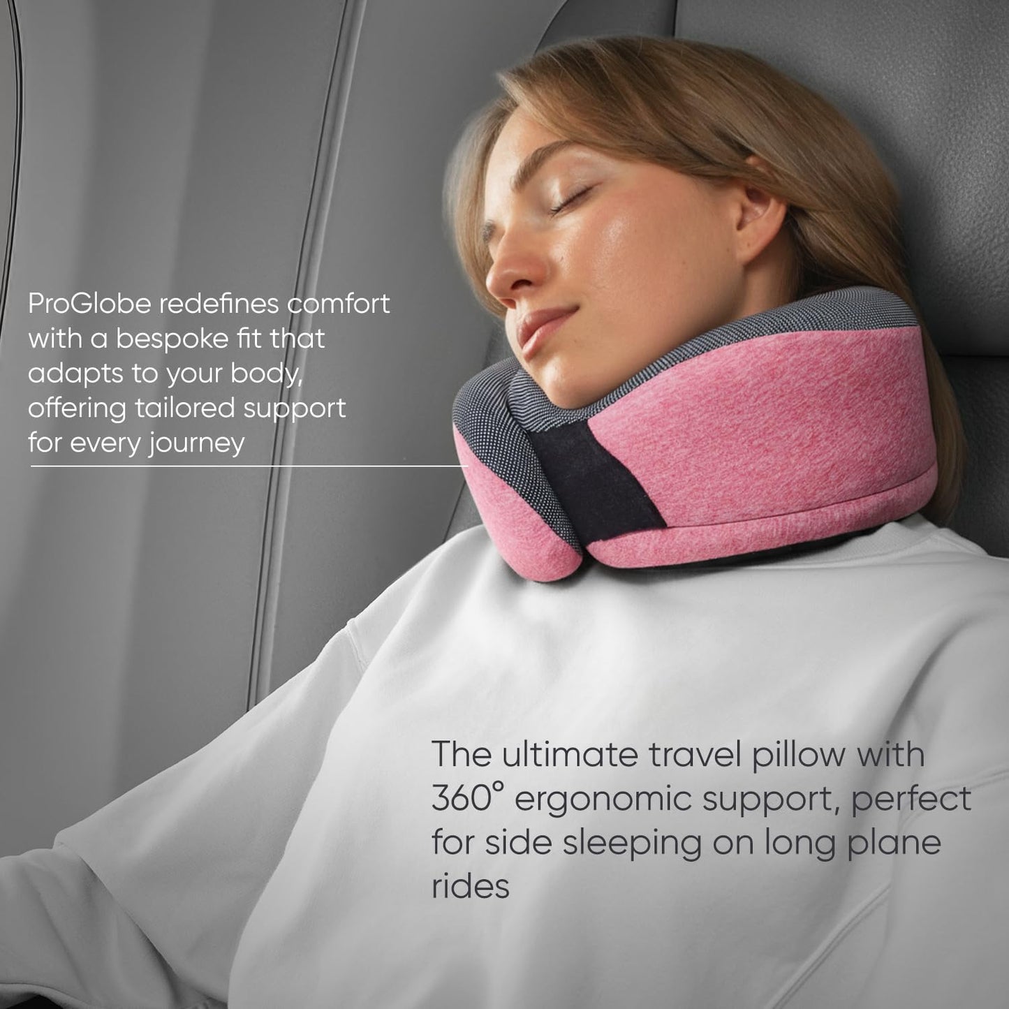 Proglobe Pink Airplane Travel Pillow Set, 100% Pure Memory Foam Neck Pillow, Updated Material, Long Flight Travel Kit with 3D Contoured Eye Masks, Earplugs, and Luxury Bag