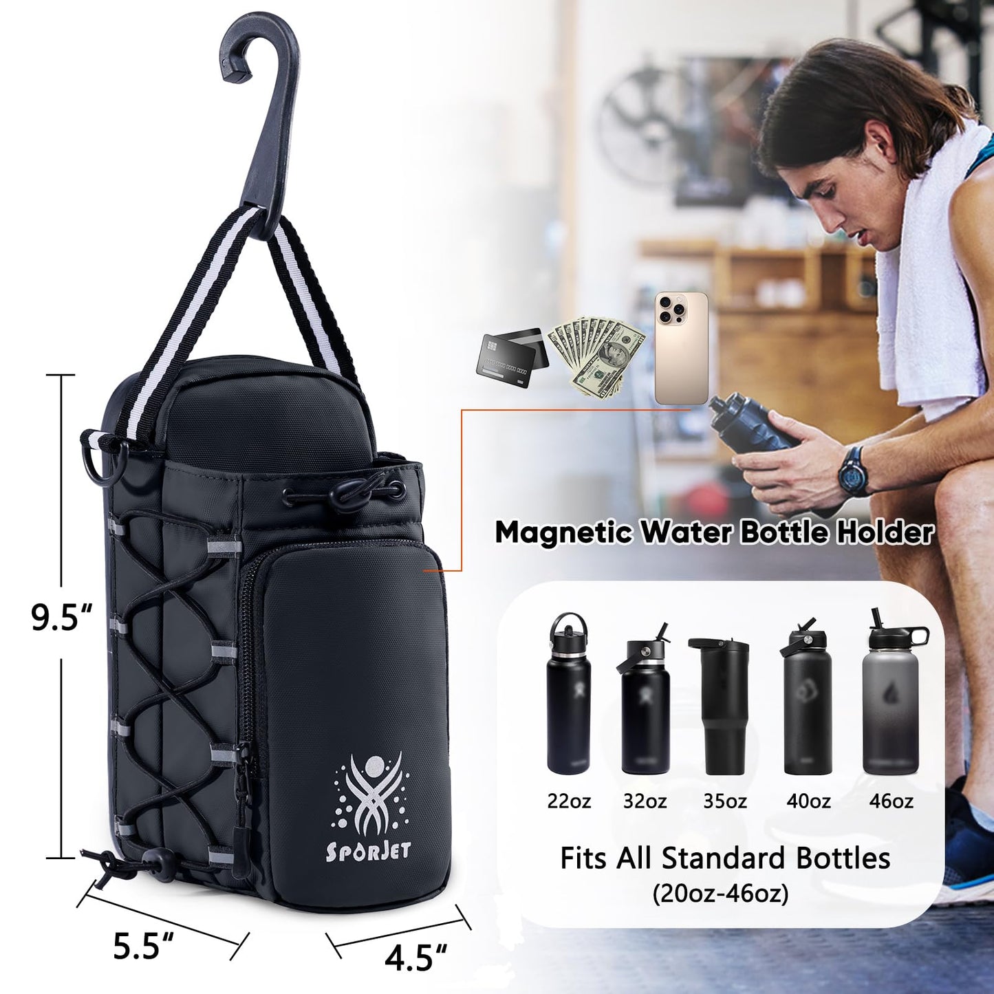 SPORJET Magnetic Gym Bag for Water Bottle – Fits Up to 46oz, Sling Water Bottle Holder with Strap & Phone Pocket, Magnetic Workout Bag for Gym, Fitness, Outdoor, Men & Women