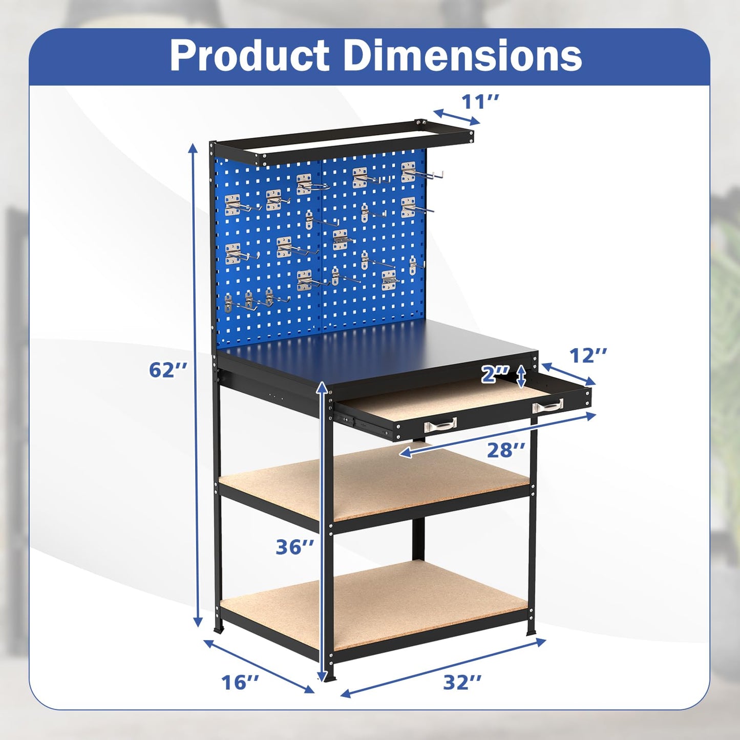 Goplus Workbench with Drawer, 32" x 16" Heavy-Duty Work Table with 2 PCS Pegboard & 4 Shelves, 19 Hanging Hooks, 495LBS Capacity, Metal Tool Storage Work Bench for Garage, Workshop, Home
