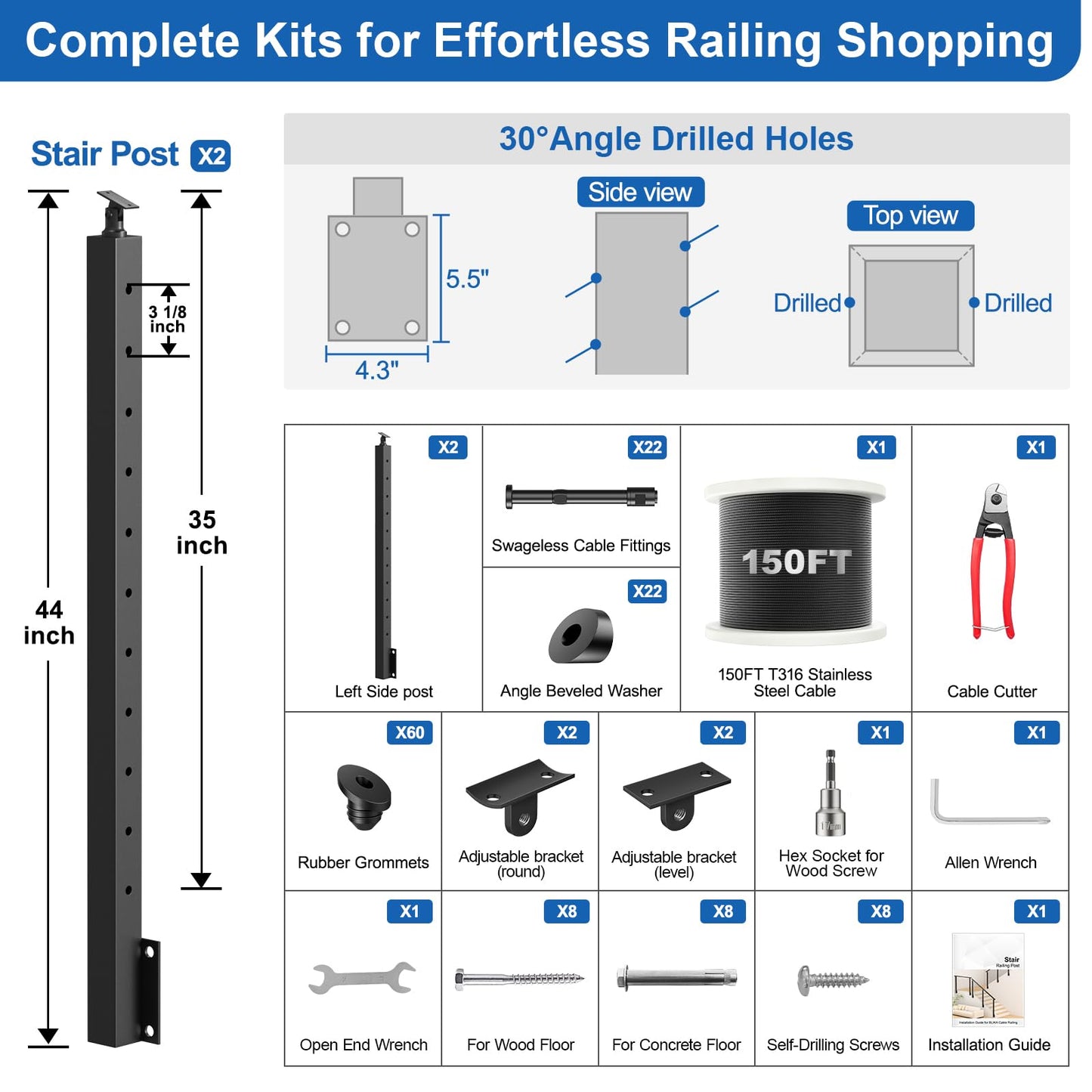 PLANTOP 4-12ft Complete Set 36" Side Mount Cable Railing Post for 25-35 Degrees Stair, 2 Pack Black Left Fascia Mount Stair Post, 150ft 1/8" Cable(No Handrail), Swageless Cable Railing Kit, MY10-SP