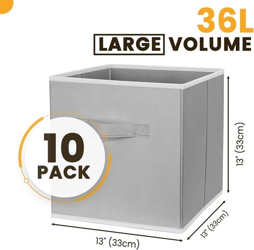 Criusia Large Storage Cubes - 13x13 Fabric Bins Set of 10 | Collapsible Grey Organizers with Dual Handles