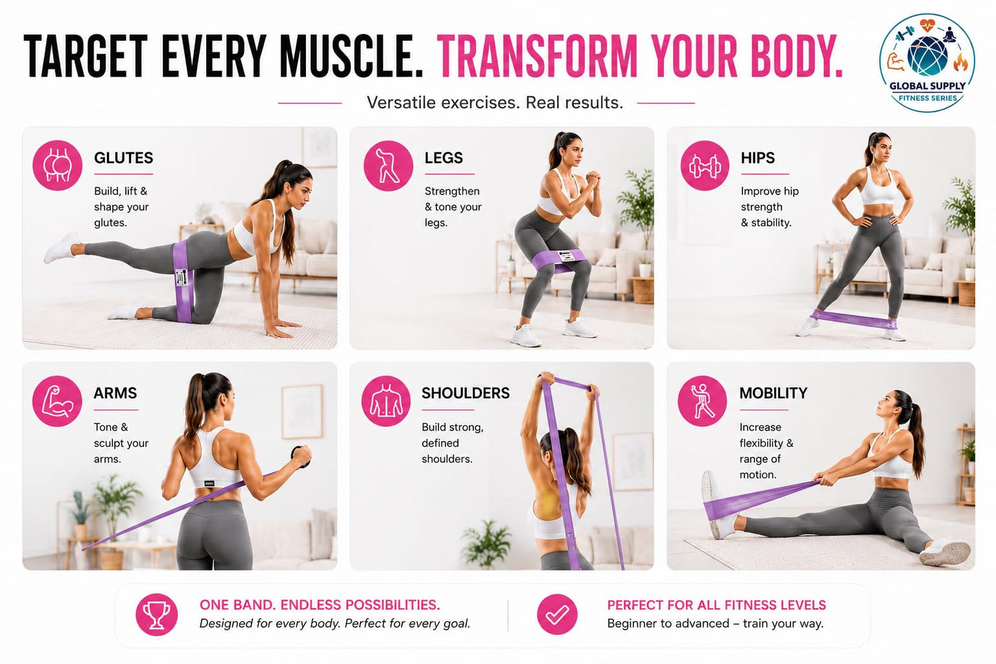 6 PCS Resistance Bands Set for Women – Fabric Booty & Long Exercise Bands with 2 Carry Bags, Door Anchor, Measuring Tape & Workout Guide for Full Body Workout