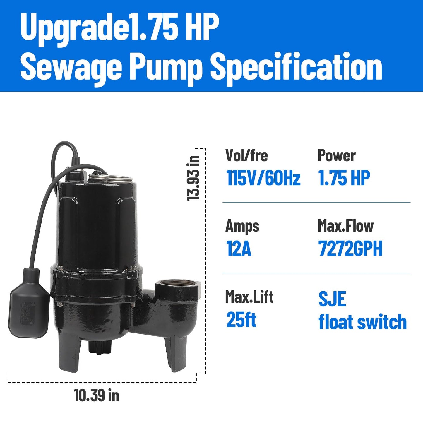 1.75HP Sump Pump Submersible Sewage/Effluent Clean/Dirty Water Transfer Utility Pump Portable with 25ft Power Cord for Swimming Pool Garden Basement Tub Pond Draining