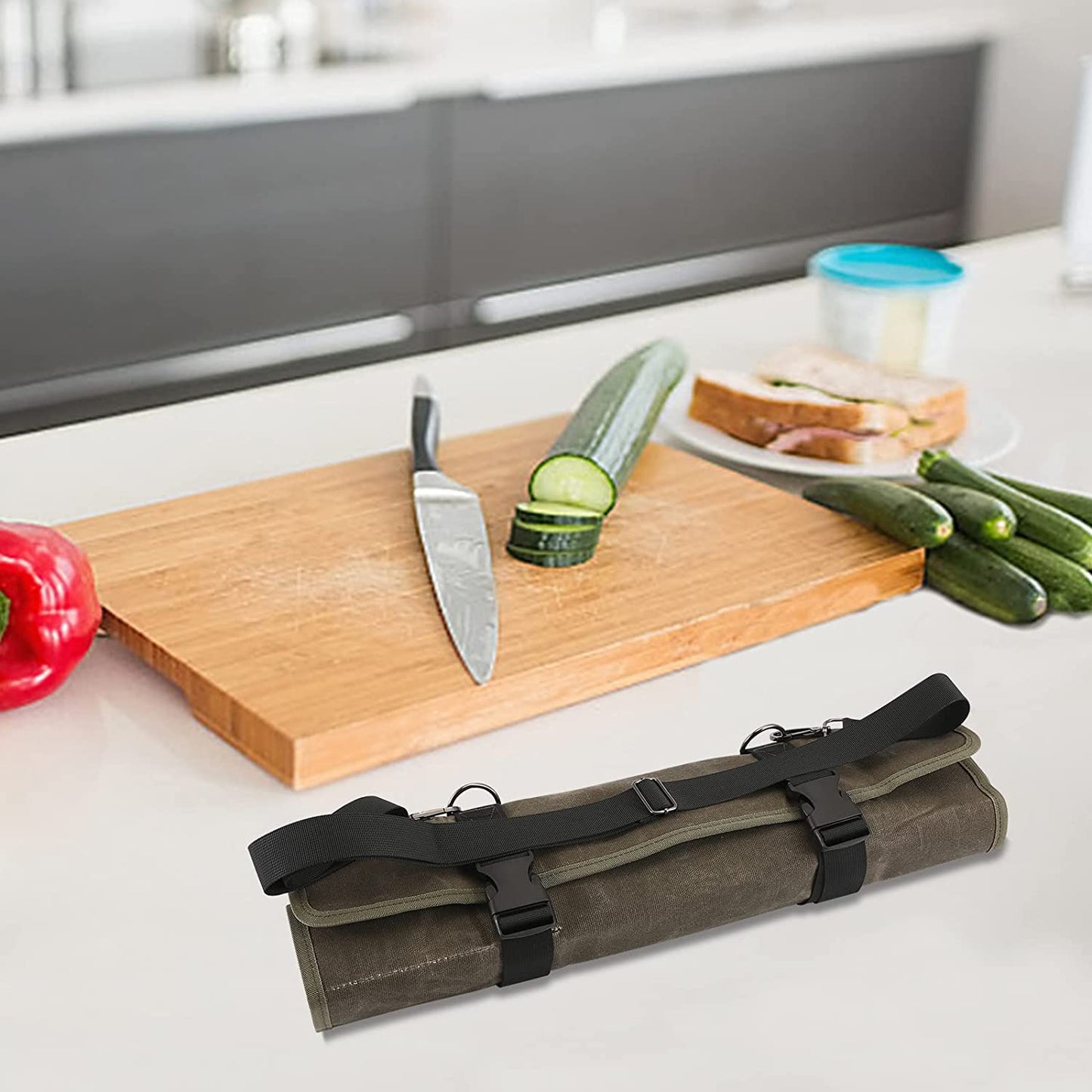 Chef’s Knife Roll Bag,Waxed Canvas Knife Cultery Carrier,Portable Chef Knife Cases,Knife Pouch Holders With 10 Slots Plus 1 Zipper Pockets Can Hold Home Kitchen Knife Tools Up To 18.8”