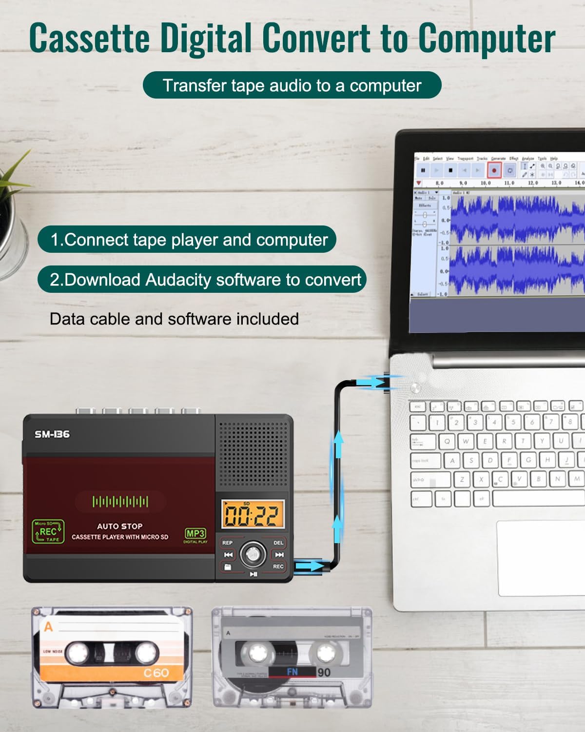Cassette Cassette MP3 Cassette/Computer/SD 16GB SEMIER Small Tape Player, USB C or SD Card Audio to Digital Converter