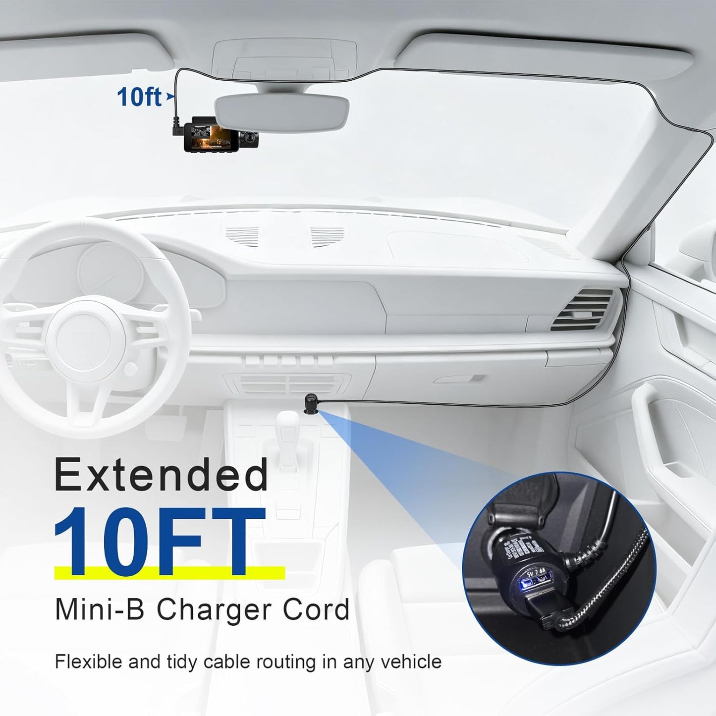 Anina 90 V1/V1P, S6, R2-4K, 10FT Mini USB Dash Cam Power Cord Degree Right Angle Dash Camera Charging Cord Mini-B Car