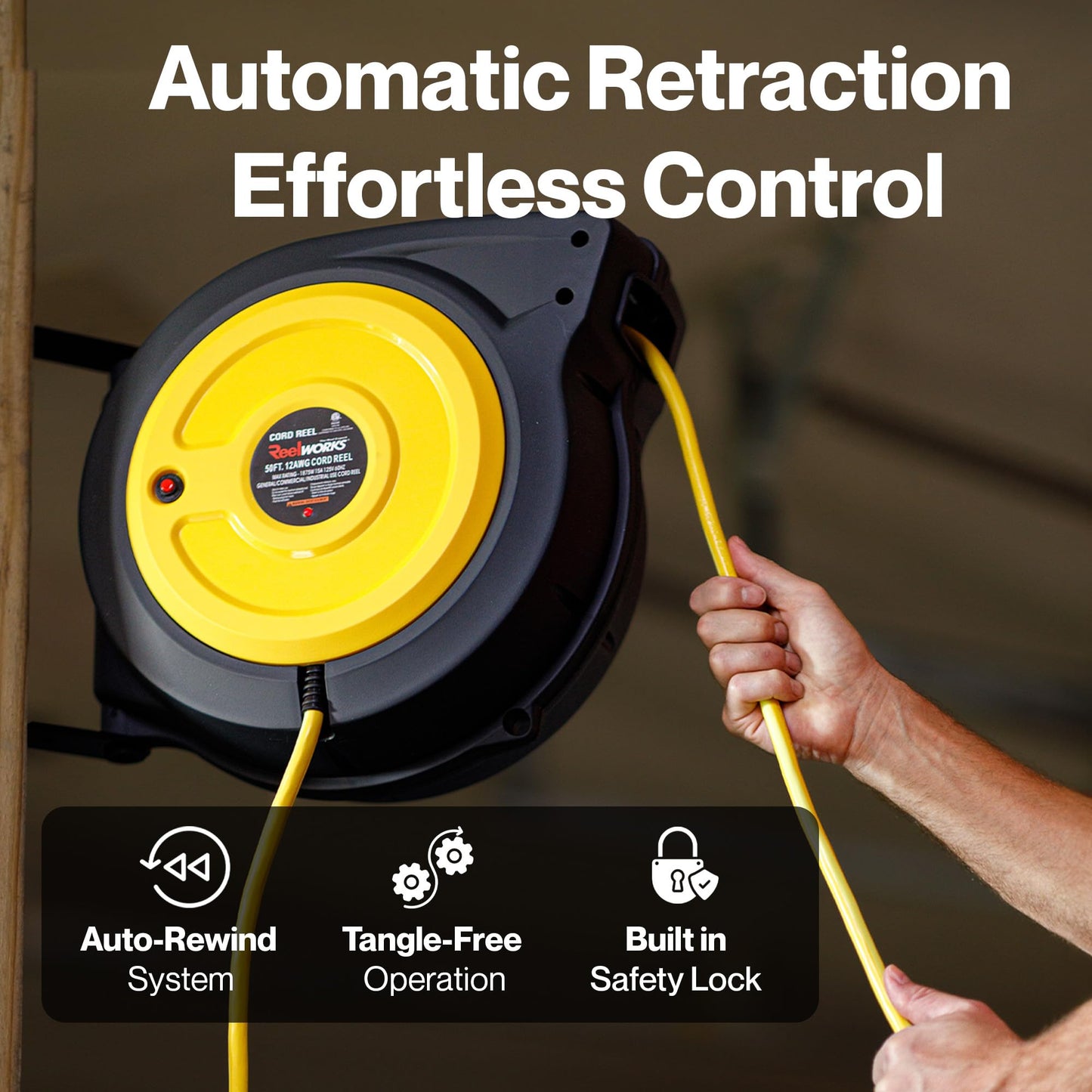 ReelWorks Extension Cord Reel Retractable 12AWG x 50' Foot 3C/SJTOW Glow Strip Cable and Lightup Triple Tap Connector Advanced Slow Retraction Technology (SRT)