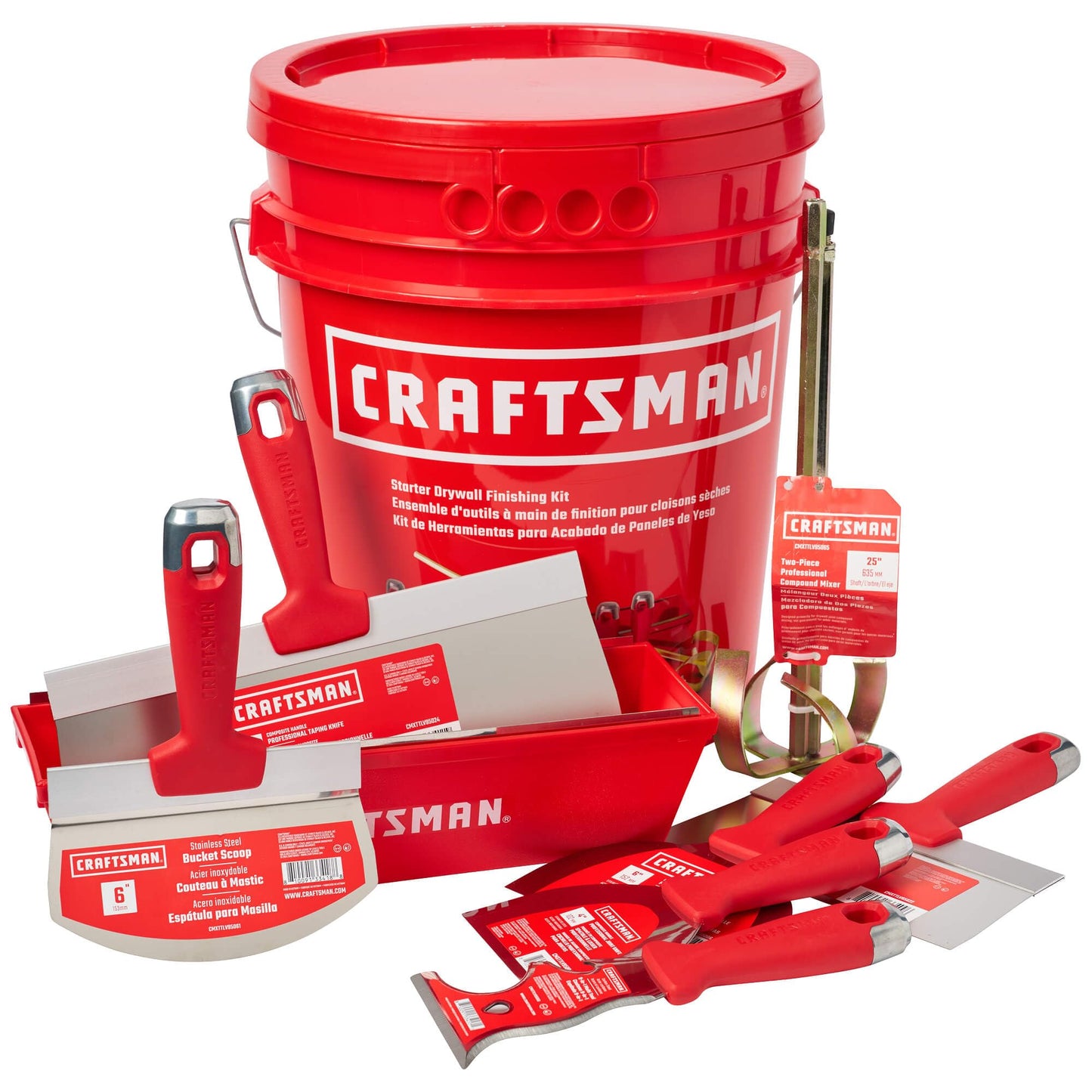 CRAFTSMAN Drywall Hand Tool Kit w/Bucket | 4 & 6-Inch Joint Knives, 8 & 12-Inch Taping Knives, 9-in-1 Multi Tool, Bucket Scoop, Mixer, Mud Pans | Taping, Finishing, Drywall Repairs