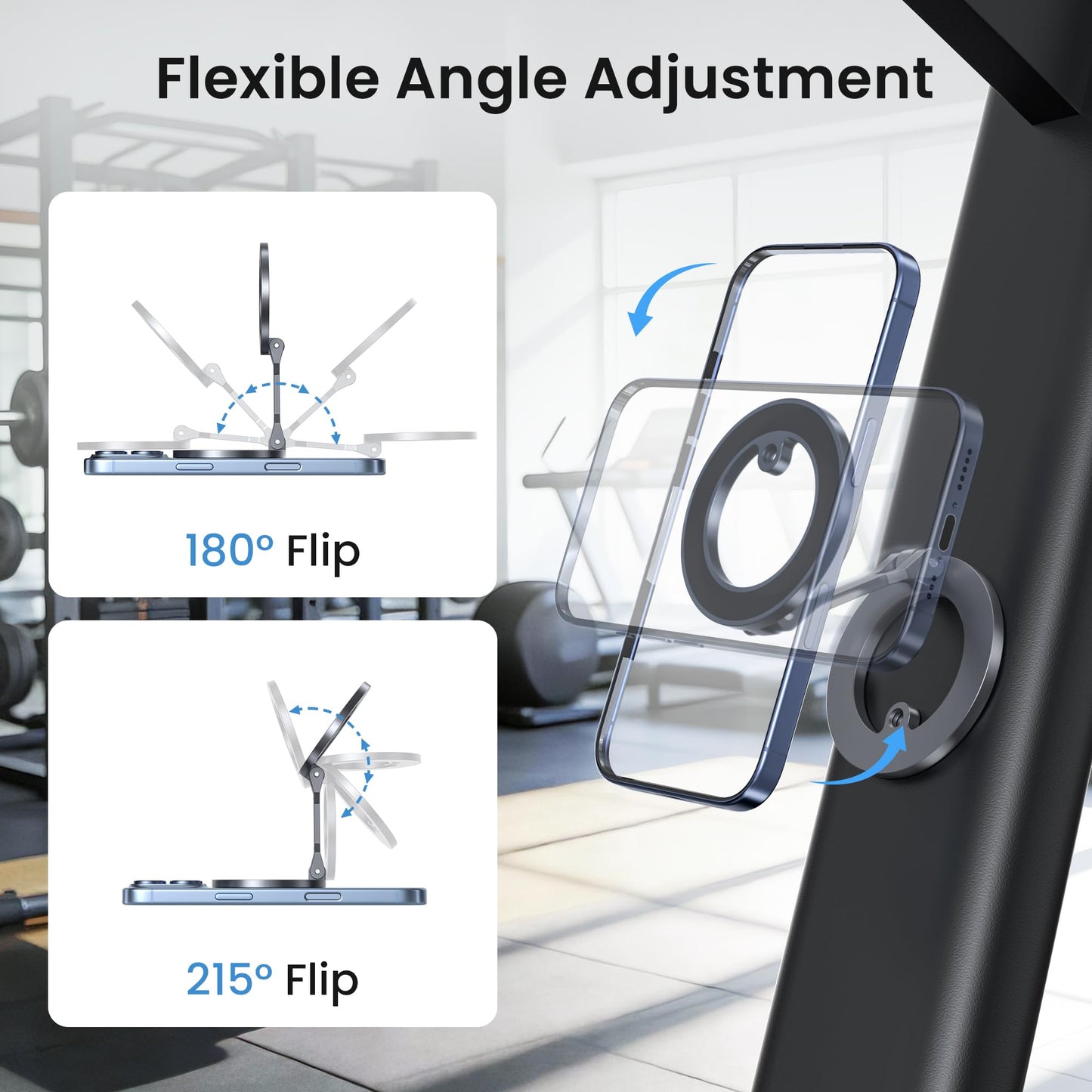 Itramax Magnetic Gym Phone Holder for Magsafe,Double Dual Ring Magnet Gym Phone Stand,360° Adjustable Cell-Phone Mount for iPhone 17 Air 16 15 14 13 12 Pro Max,Mag/Safe Case,Metal Surfaces,Golf Cart