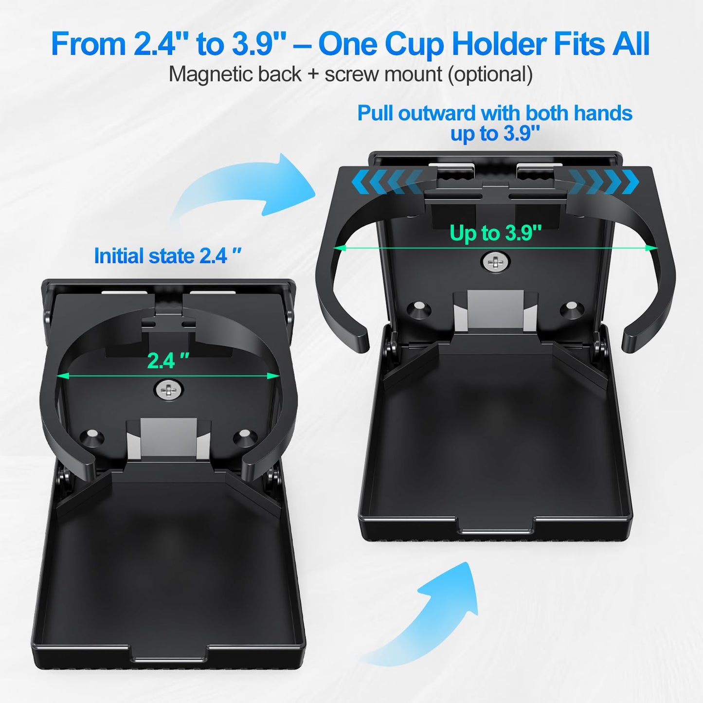 Upgraded Version – 1 Pack Folding Cup Holder with Screws and Magnet – Adjustable Drink Holder for Car/Truck/RV/Boat – Fits Most Mugs & Water Bottles, Dual Mounting Options