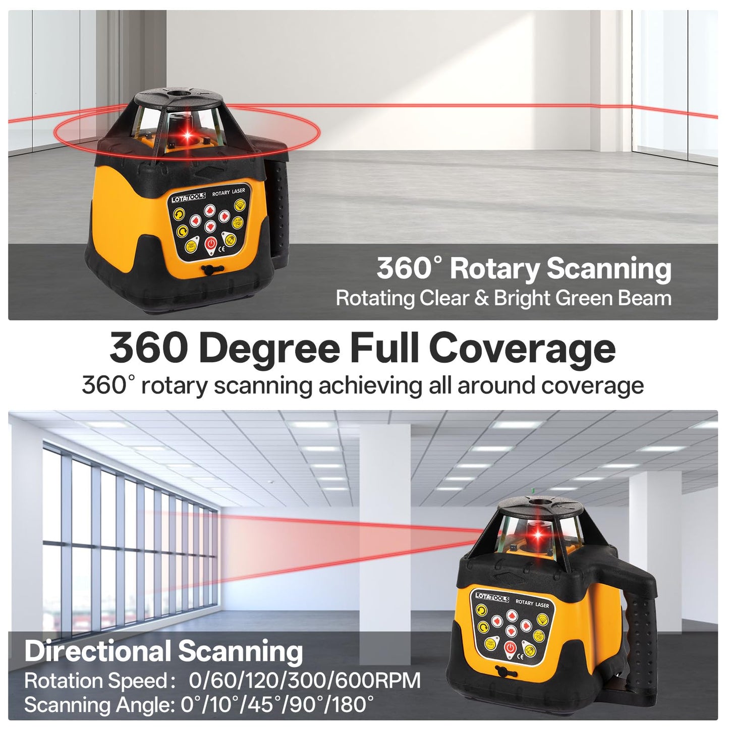 LotaTools Self-Leveling Rotary Laser Level Kit, Class II ≤ 5 mW Red Laser, 2000 ft Range with Receiver, ±1/8" Accuracy at 100 ft, IP66 Waterproof, Includes Tripod & Grade Rod
