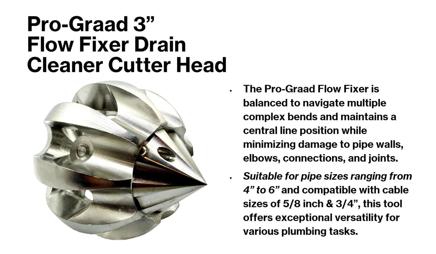 Pro-Graad Flow Fixer 3" Drain Cleaner Plumbing Snake Cutter Head for 4" – 6” Pipes, Clears & Scrapes Pipe Inner Walls, Fits 5/8” & 3/4" Cables, for Commercial & Residential Use