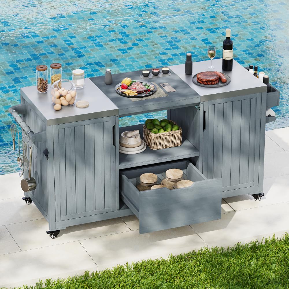 DFCHLDA 66.5" Outdoor Kitchen Island with Stainless Steel Top, Rolling Grill Cart with Adjustable Shelves, Lockable Wheels, Outdoor Table and Bar Storage Cabinet for Patio(Grey+Blue)