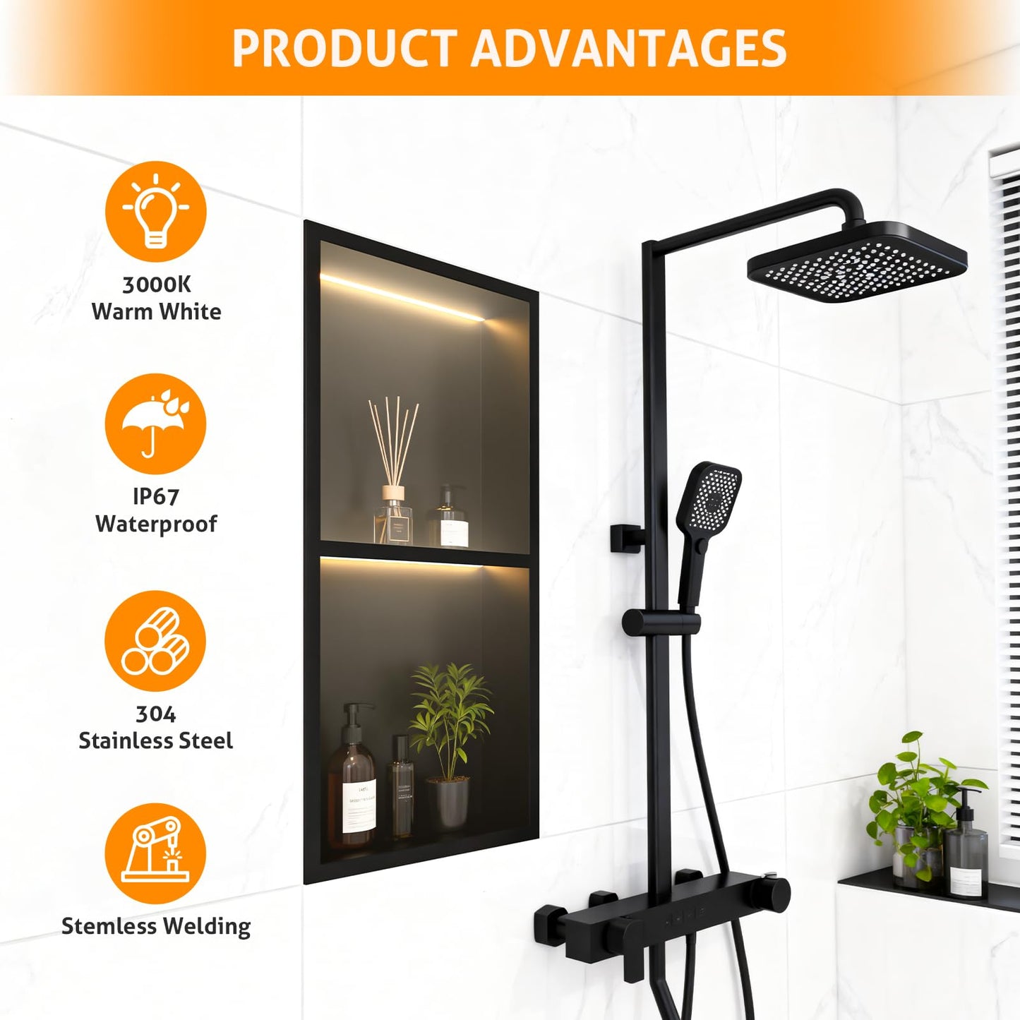 WICHEMI Shower Niche No Tile Needed for Bathroom Storage, Shower Niche LED Lights Waterproof Recessed Wall Niche 12" X 24" Double Shelves 304 Stainless Steel Bathroom Niche for Shower Wall