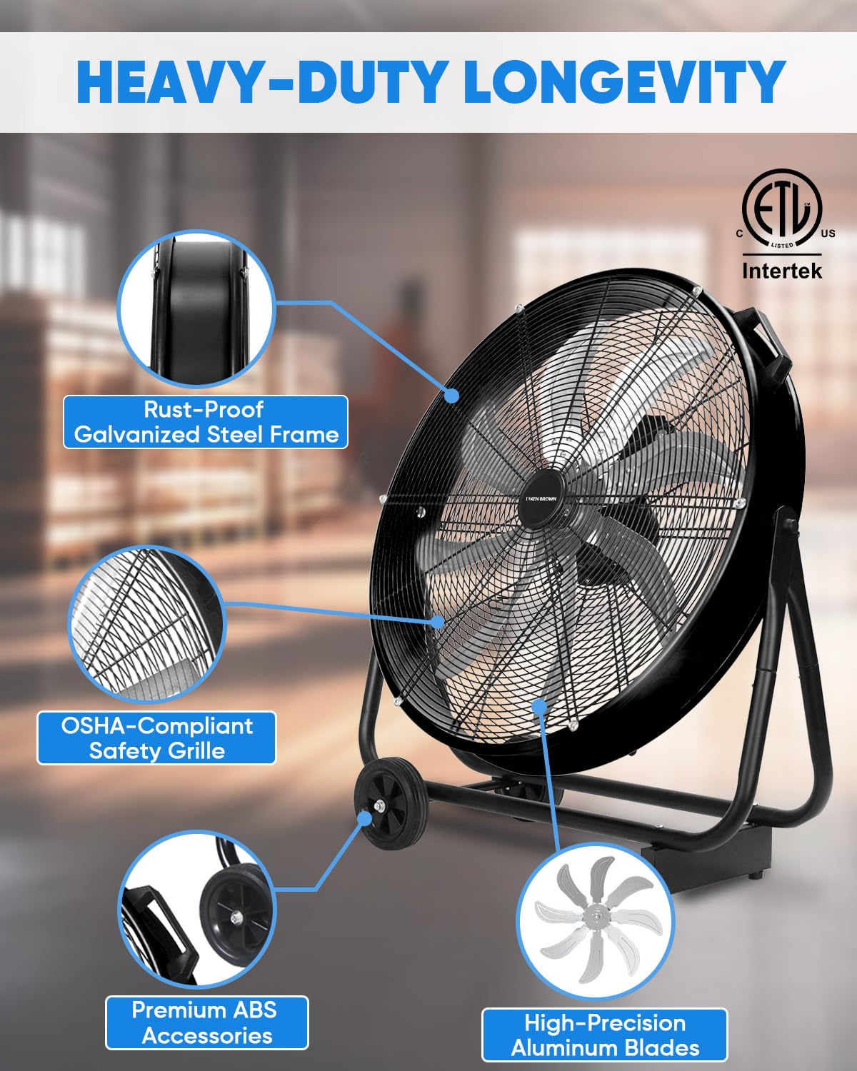 KEN BROWN 24 Inch Industrial Shop Fan, TurboSweep 8 Blades High Velocity Drum Fan, 9500 CFM, Heavy Duty 3 Speeds, 360° Adjustable Tilt for Industrial Commercial Gym Garage